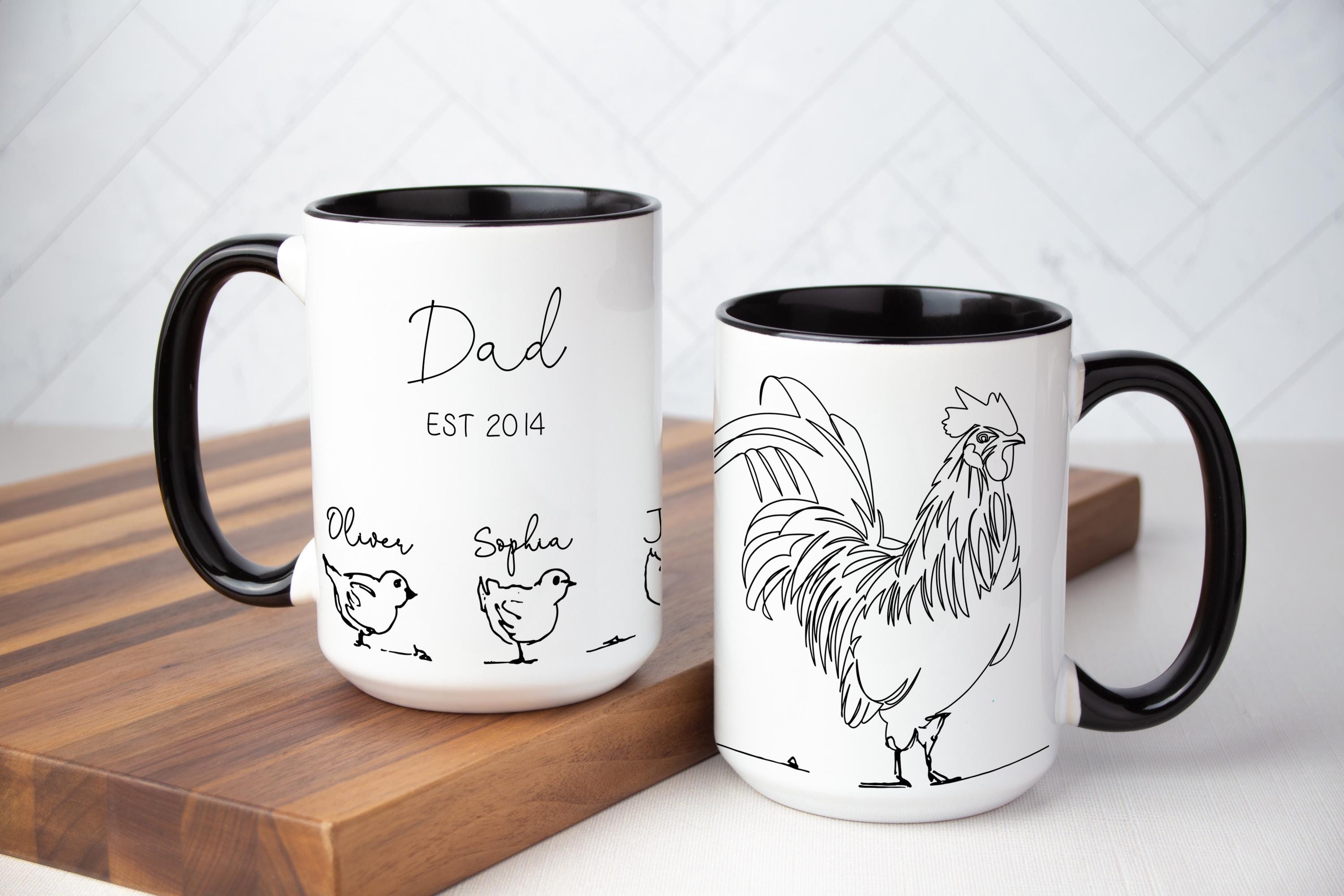 Dad and kids Rooster Mug, Special Father's Day gift with giftbox included, Perfect Personalized Gift for him, Line Art Chicken Grandpa Mug