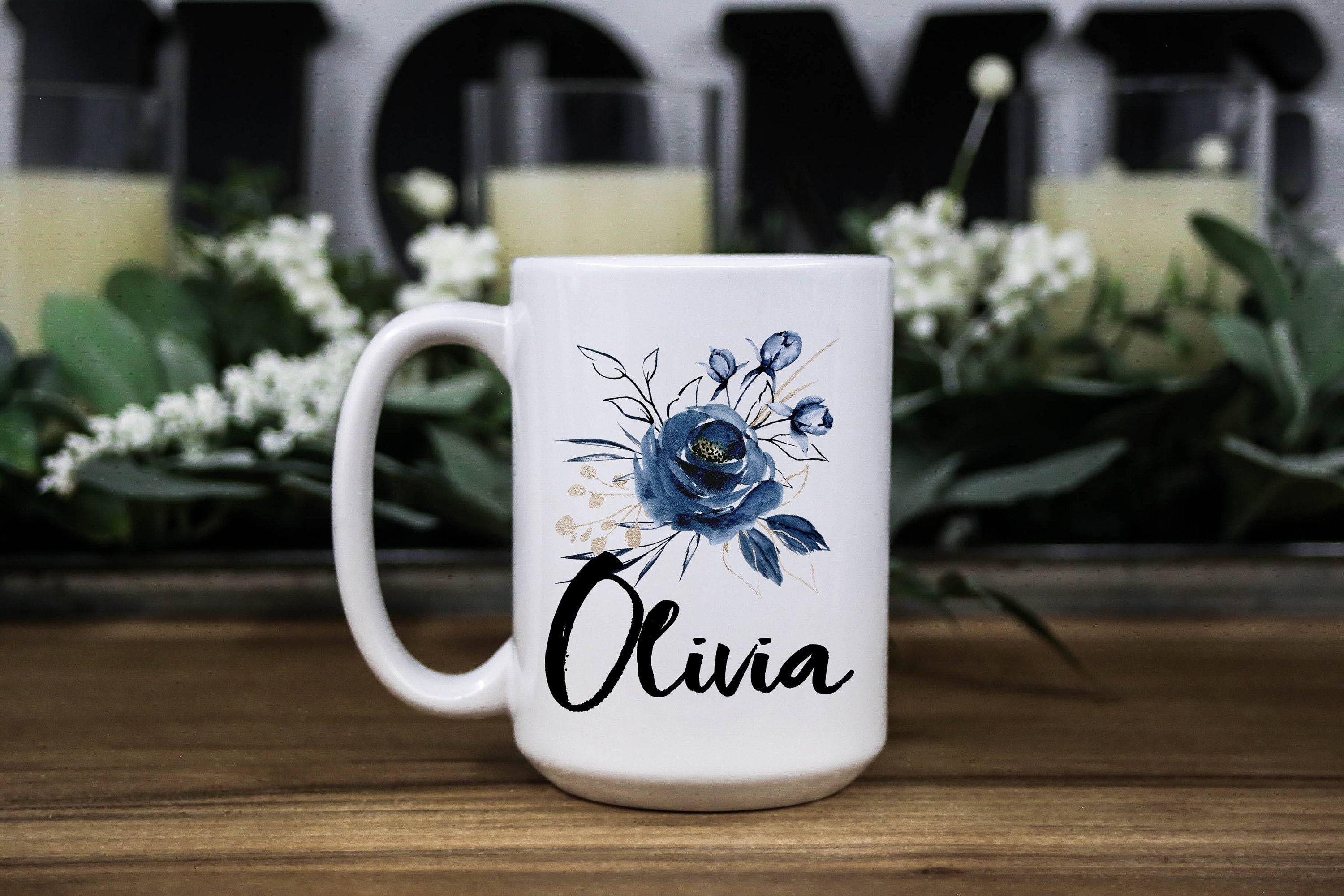 Personalized Floral Coffee Mug: Blue Flower Name Mug