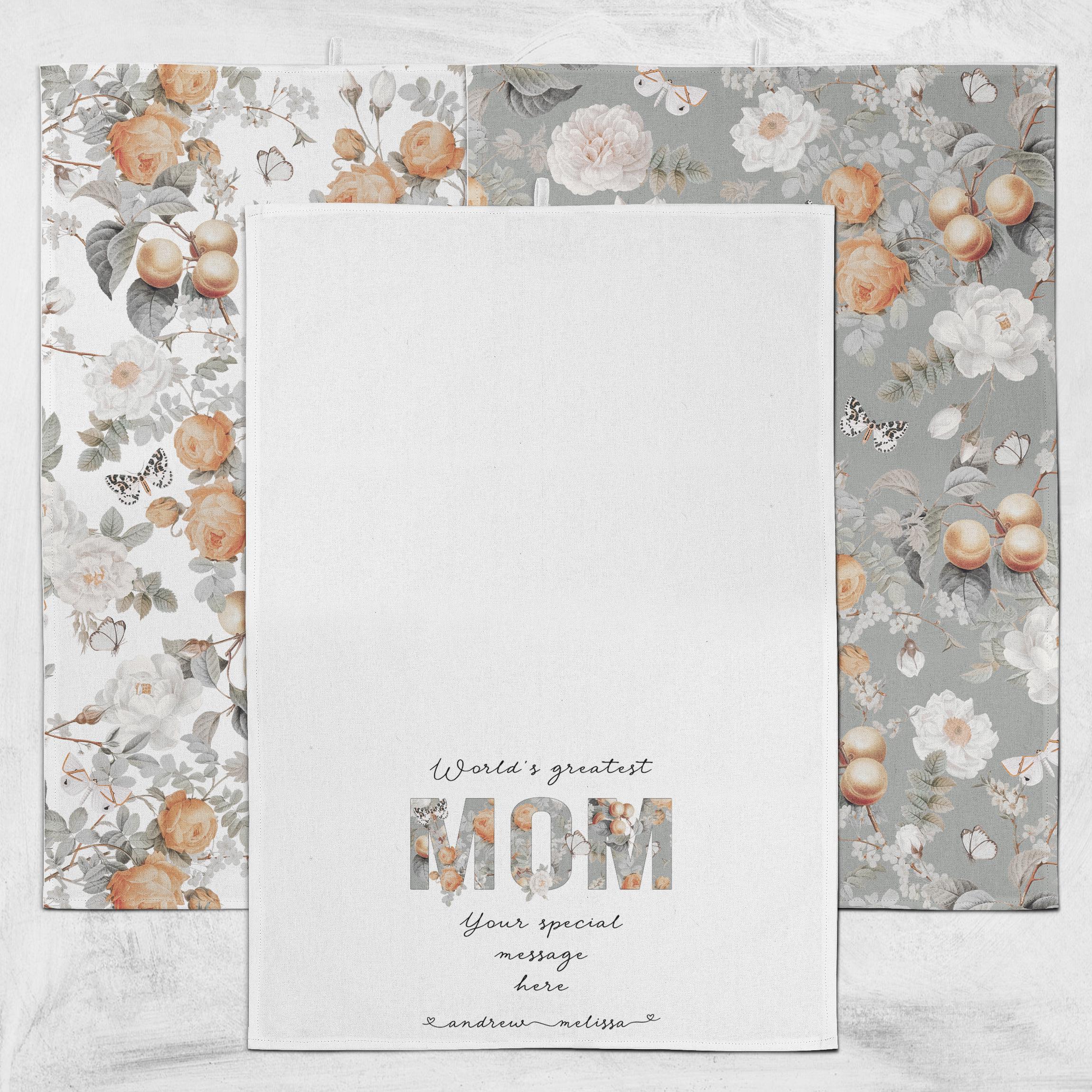 World's Greatest Mom Tea Towel 3-piece set, Custom Peach floral Kitchen Towels with Kids' Names and special message, Mother's Day Gift
