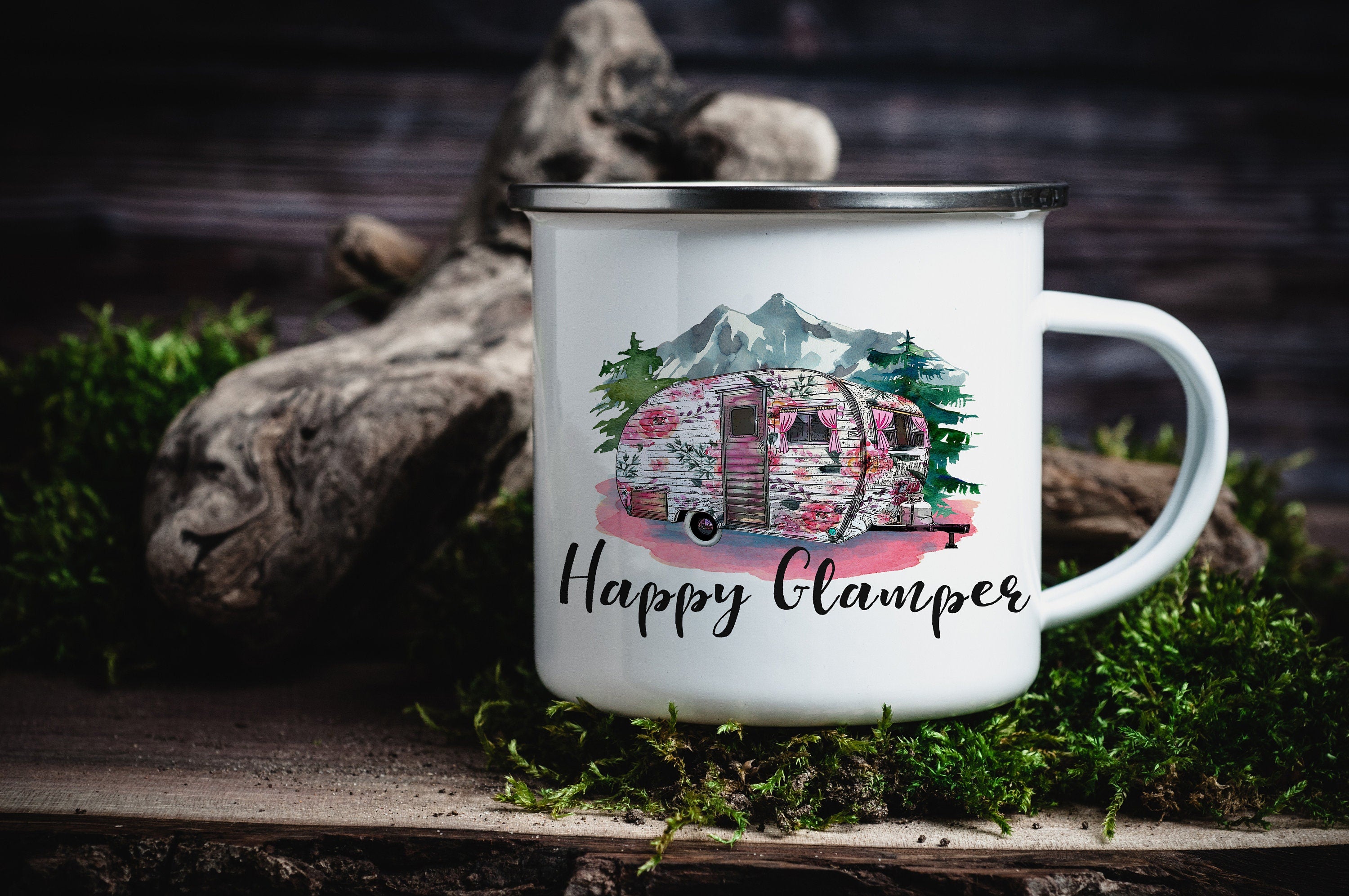 Enamel Camping Mug: Caravan Glamping Travel Mug, Multiple Sizes & Colors Available (Gift Box Included)