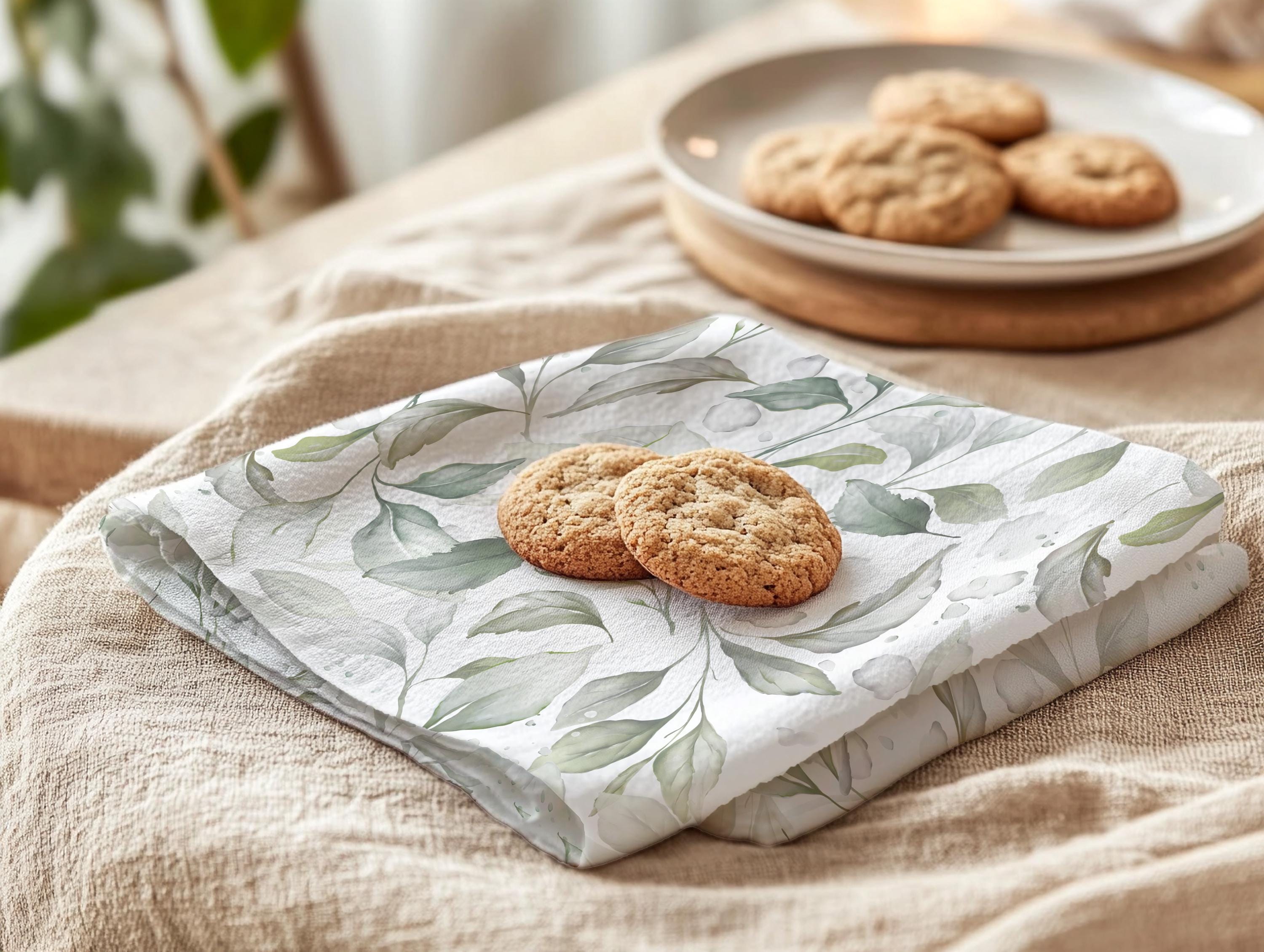 Personalized Botanical Tea Towel Set: Soft Greenery Kitchen Decor, Farmhouse style Gift