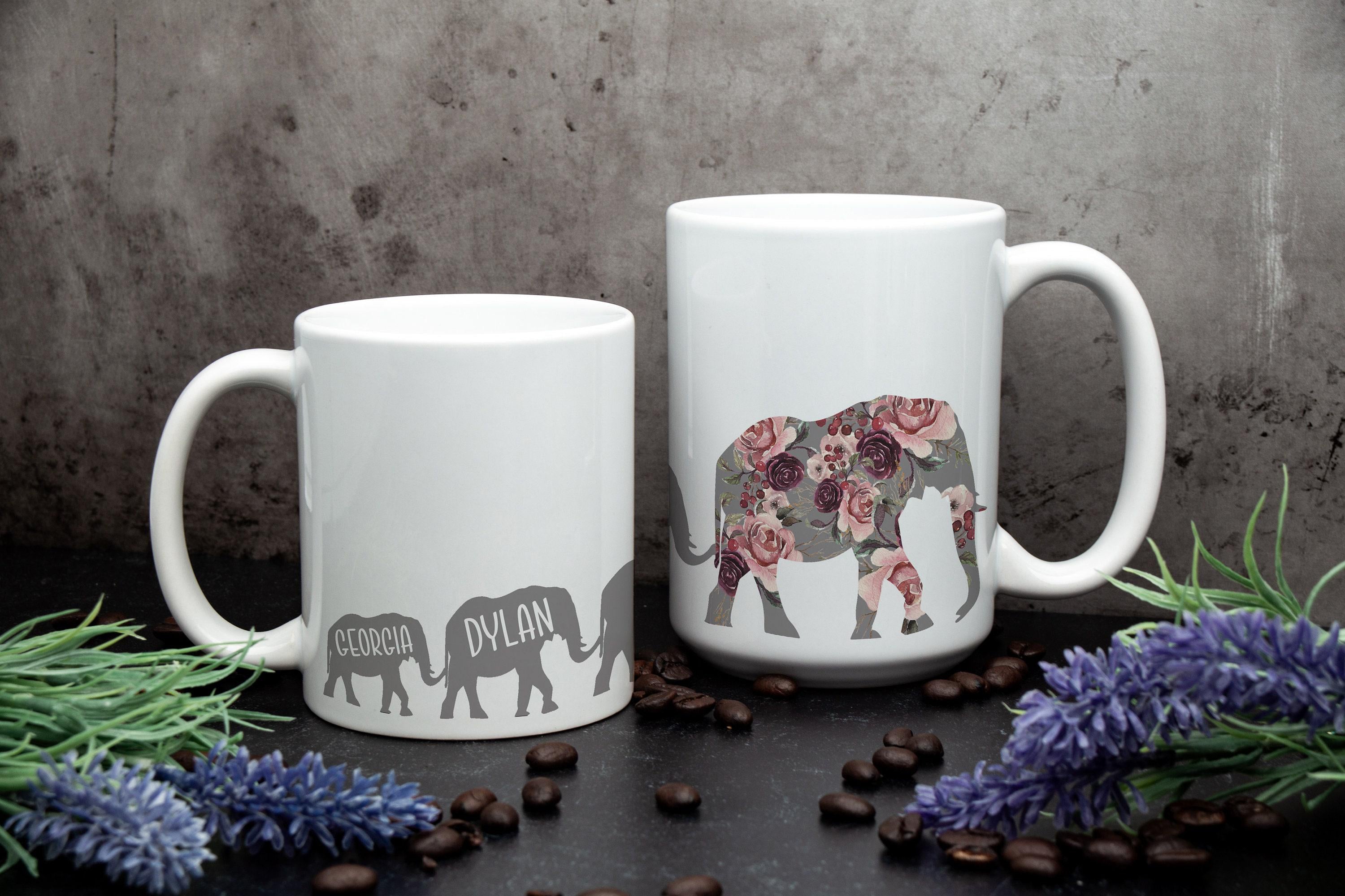 Mauve Pink Floral Mama Elephant Mug with Custom Kids, Personalized Family Gift Mug