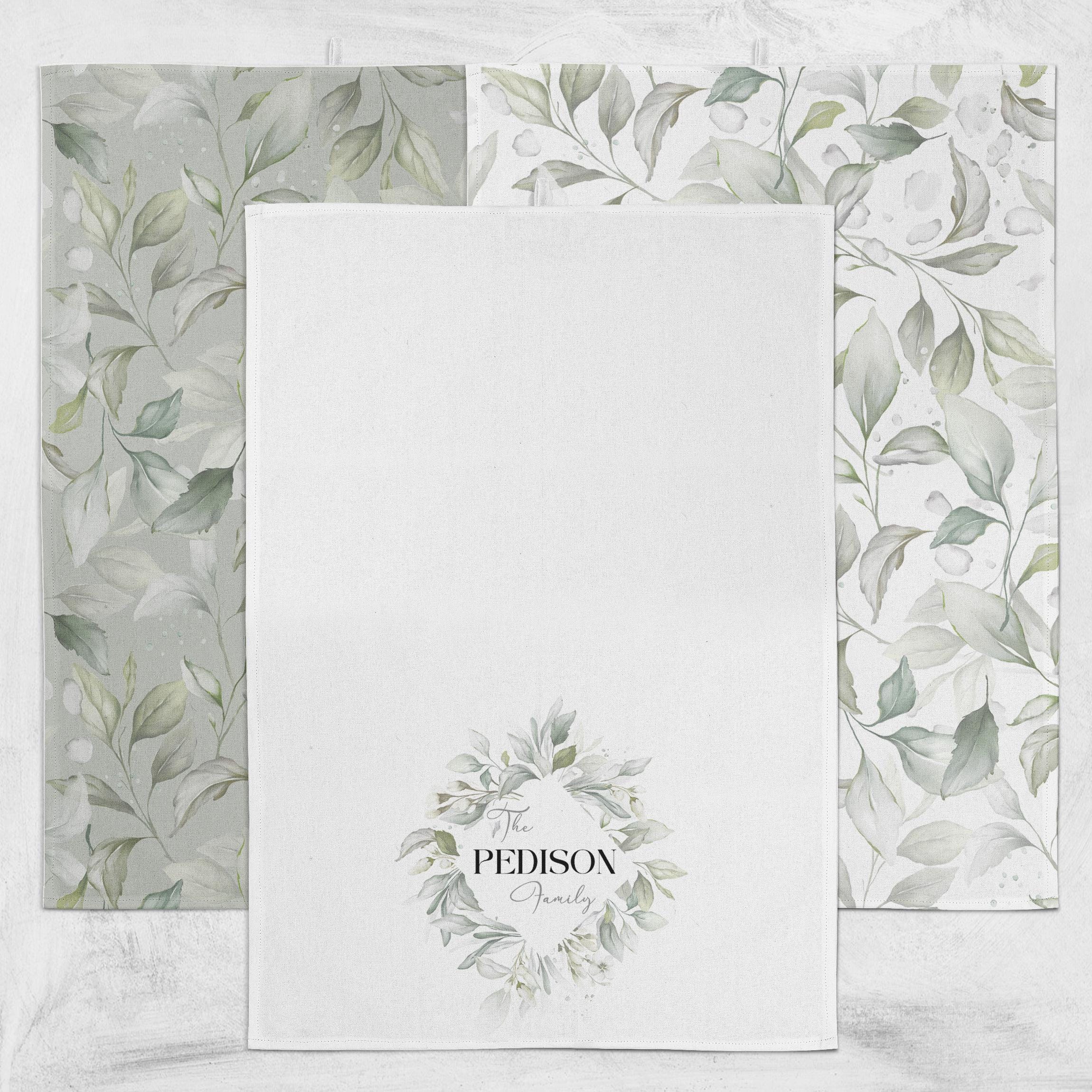 Personalized Botanical Tea Towel Set: Soft Greenery Kitchen Decor, Farmhouse style Gift