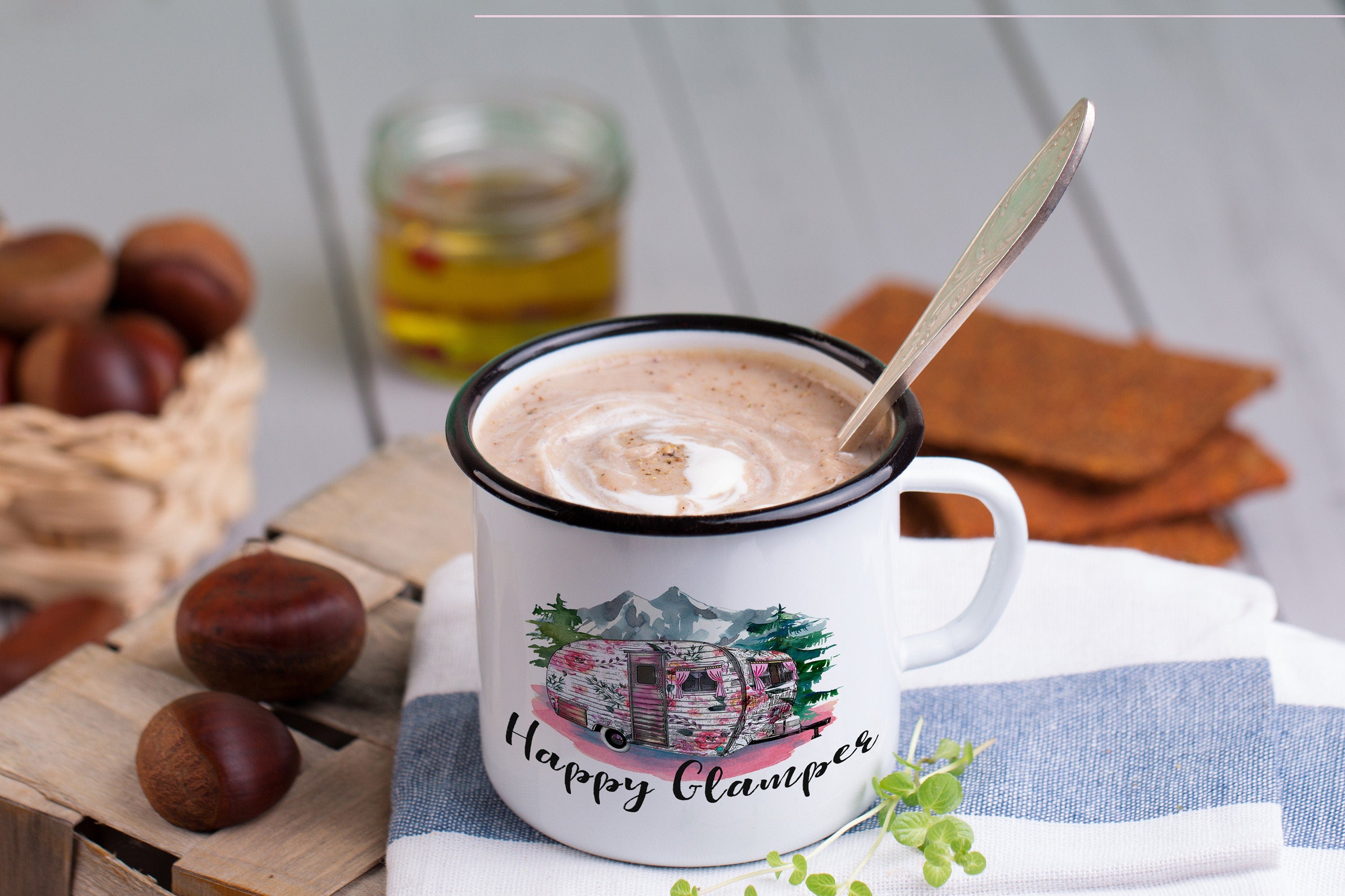 Enamel Camping Mug: Caravan Glamping Travel Mug, Multiple Sizes & Colors Available (Gift Box Included)