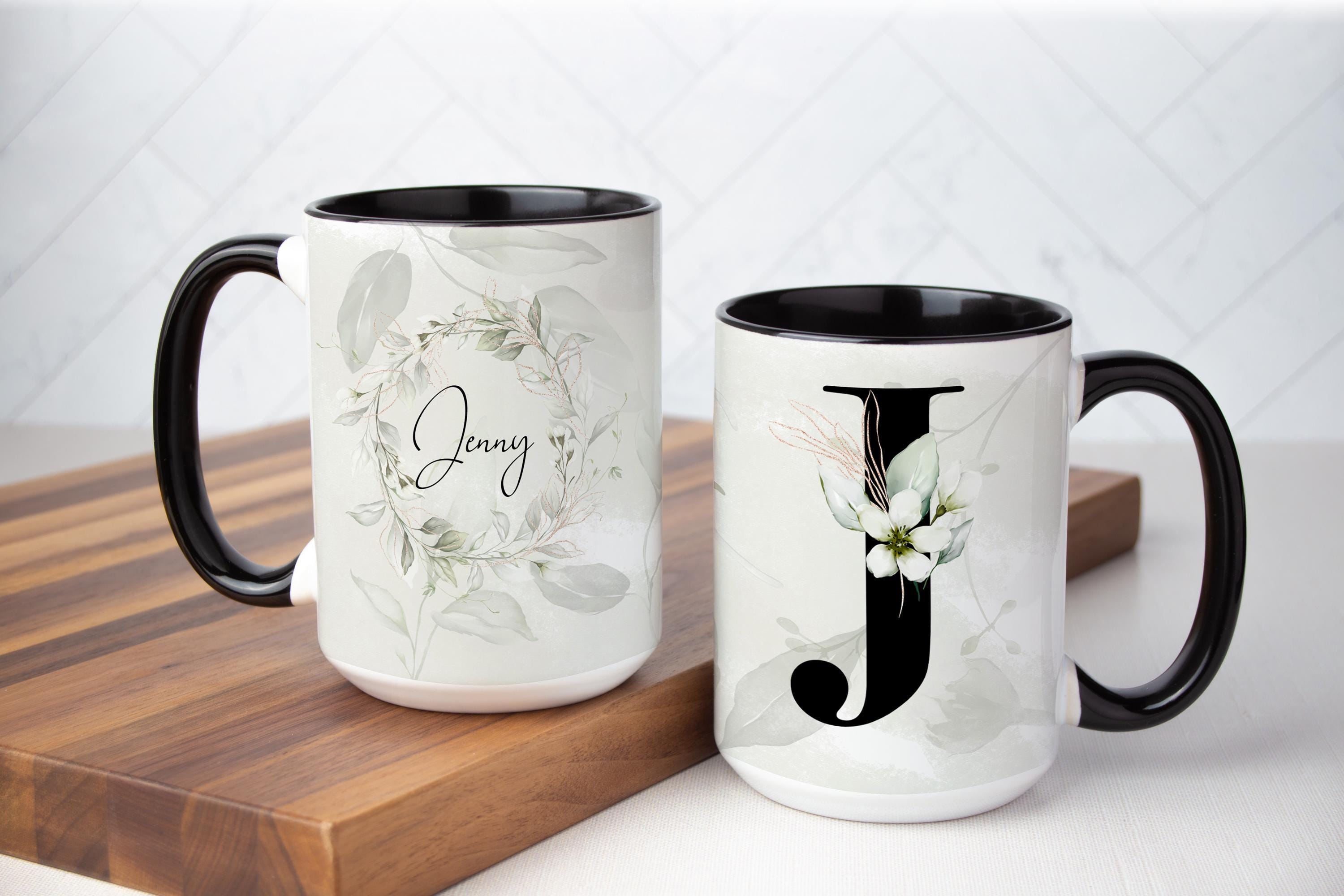 Personalized Floral Monogram Mug: Soft Green Leaf Design