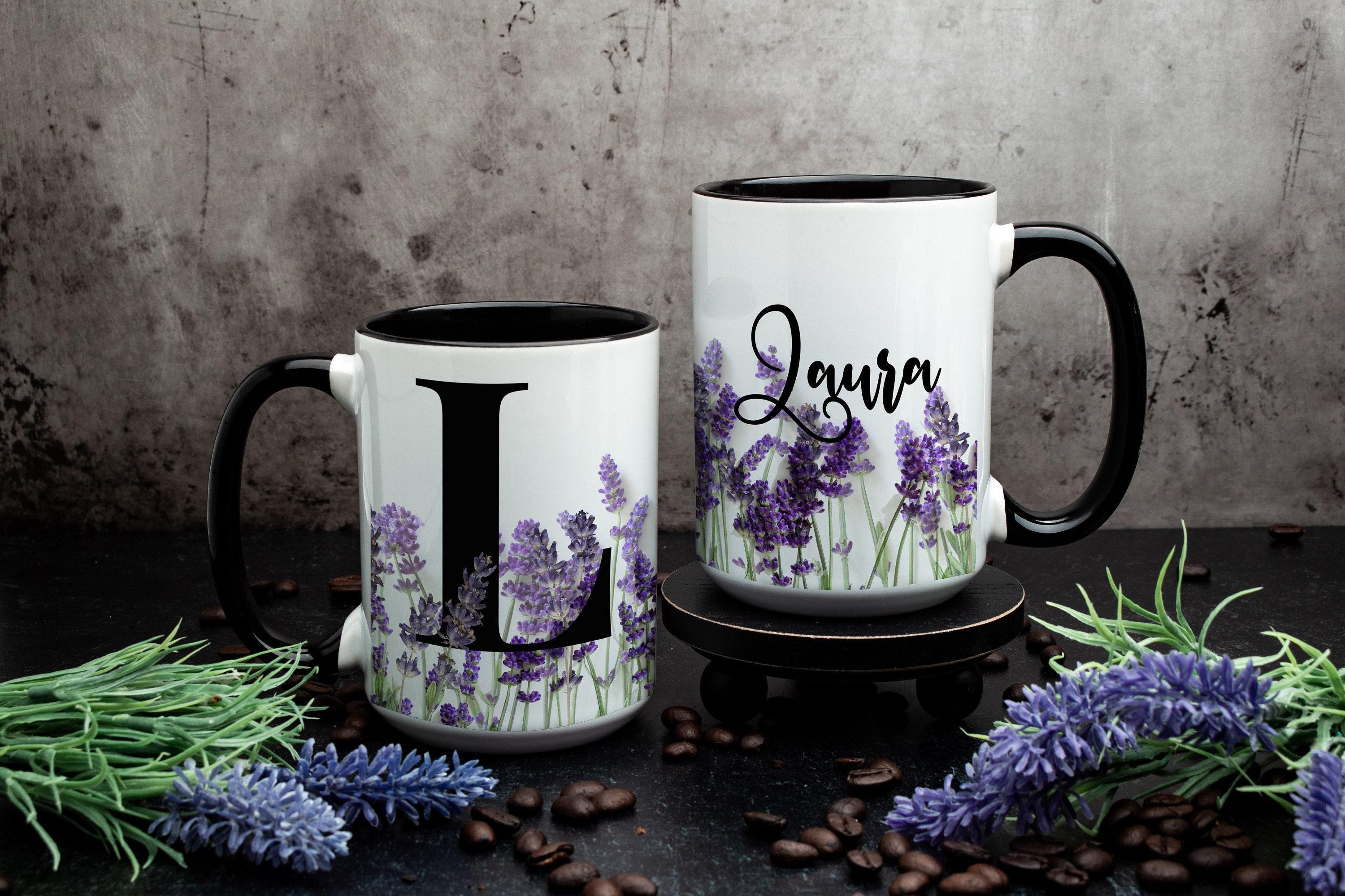 Personalized Lavender Floral Mug: Monogram Gift, Multiple Sizes & Colors Available (Giftbox included)