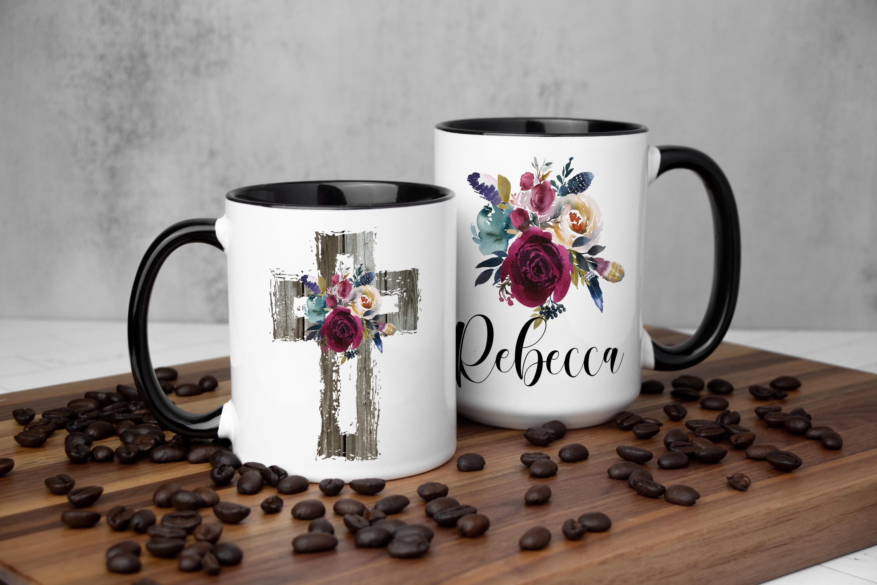 Personalized Christian Mug, Giftbox included, Floral Cross cup, Religious mug for women, Faith Cup, Custom gift for women, Floral Name Mug