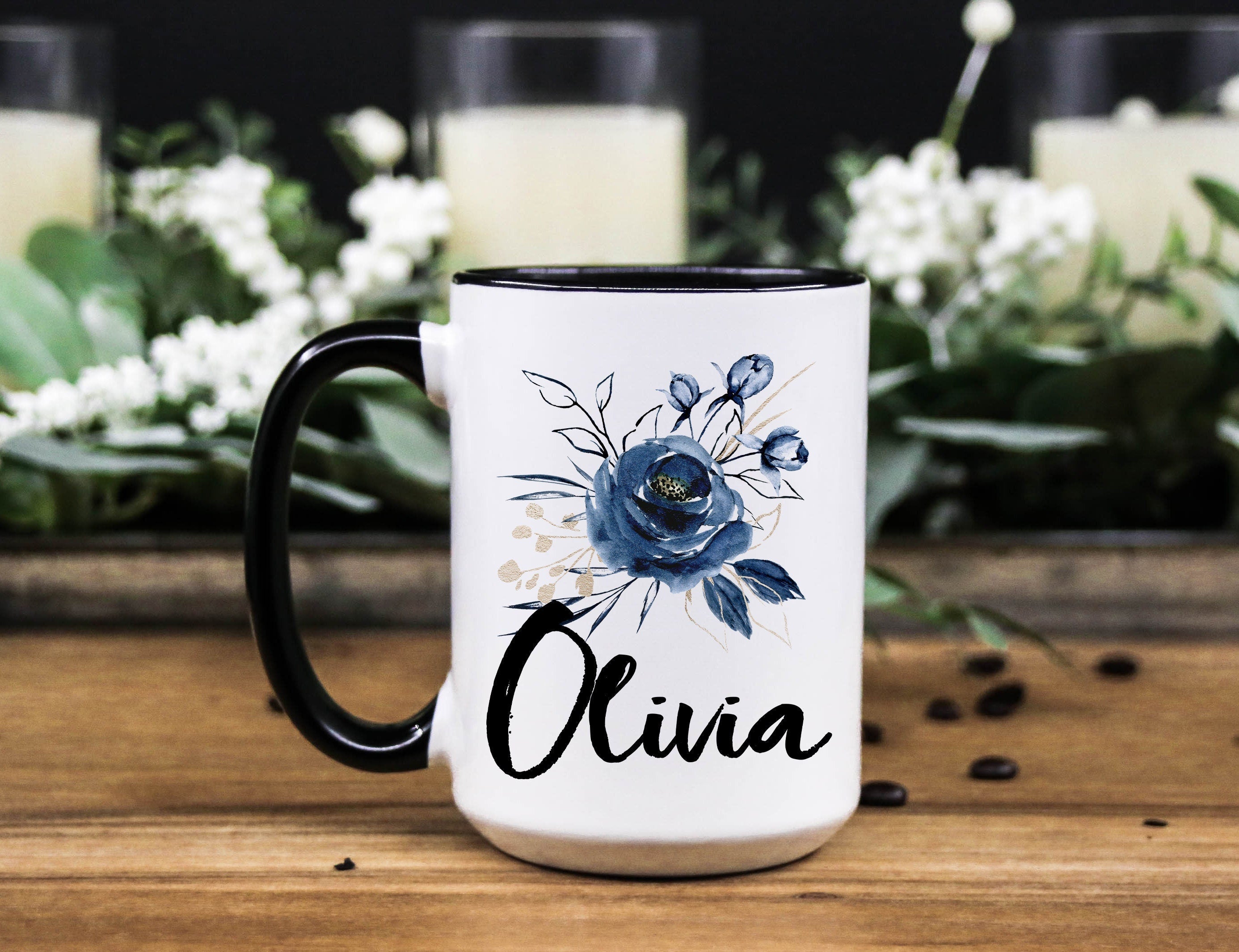 Personalized Floral Coffee Mug: Blue Flower Name Mug