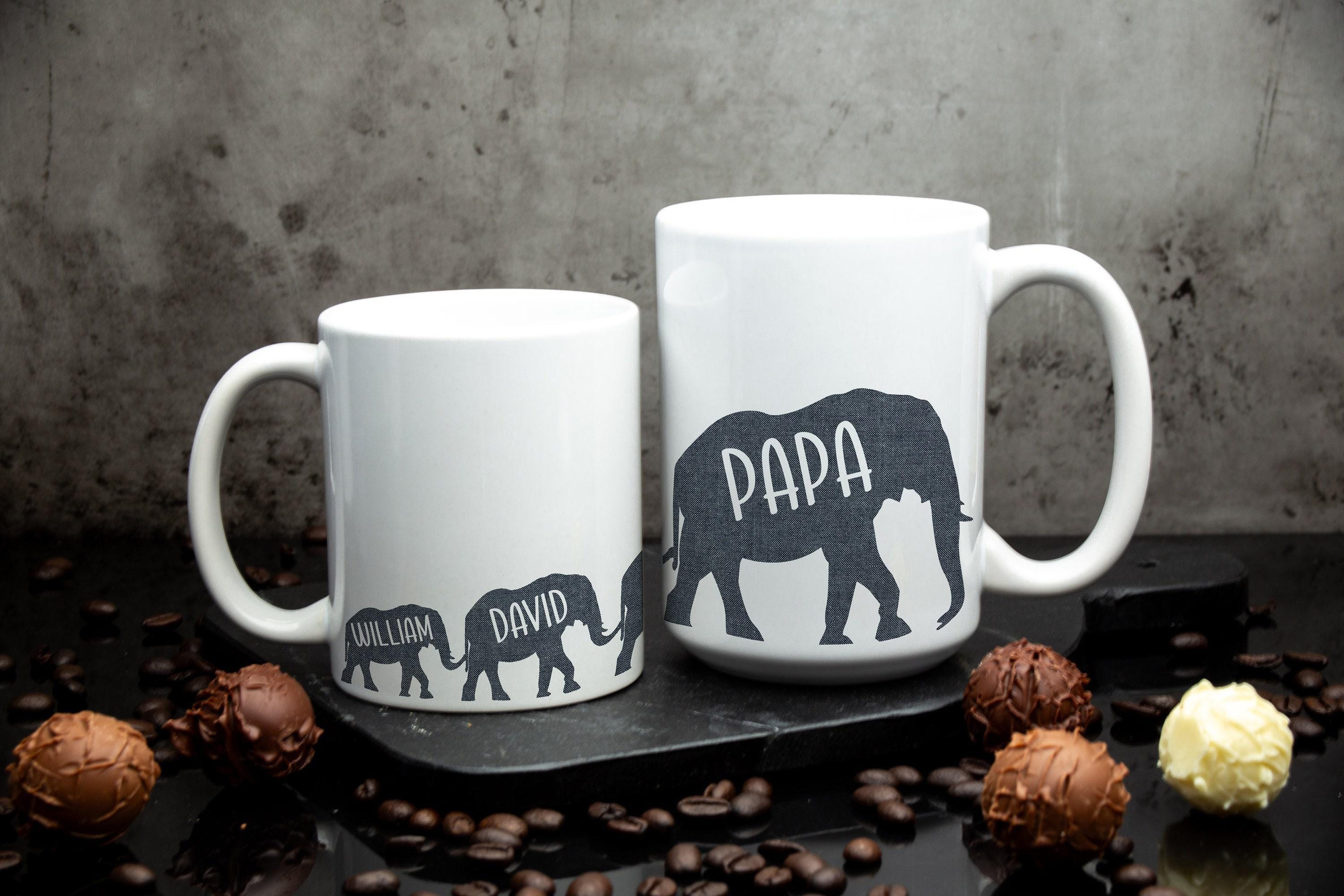 Personalized Papa Mug with Kids, Giftbox included, Custom Father's Day Gift with elephant design, Ceramic Coffee Cup, Size and color options
