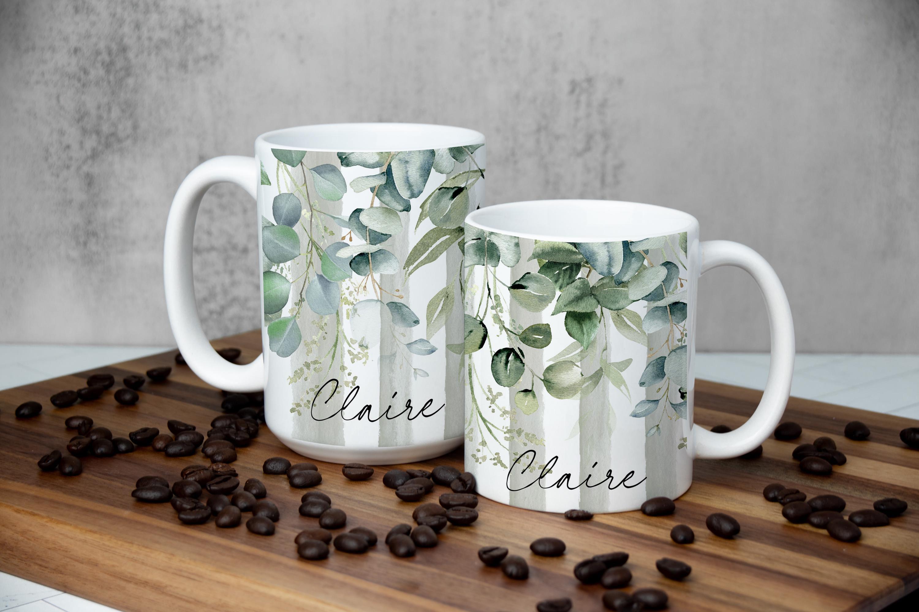 Personalized Greenery Mug: Striped Foliage Design, Multiple Sizes & Colors Available (Gift Box Included)