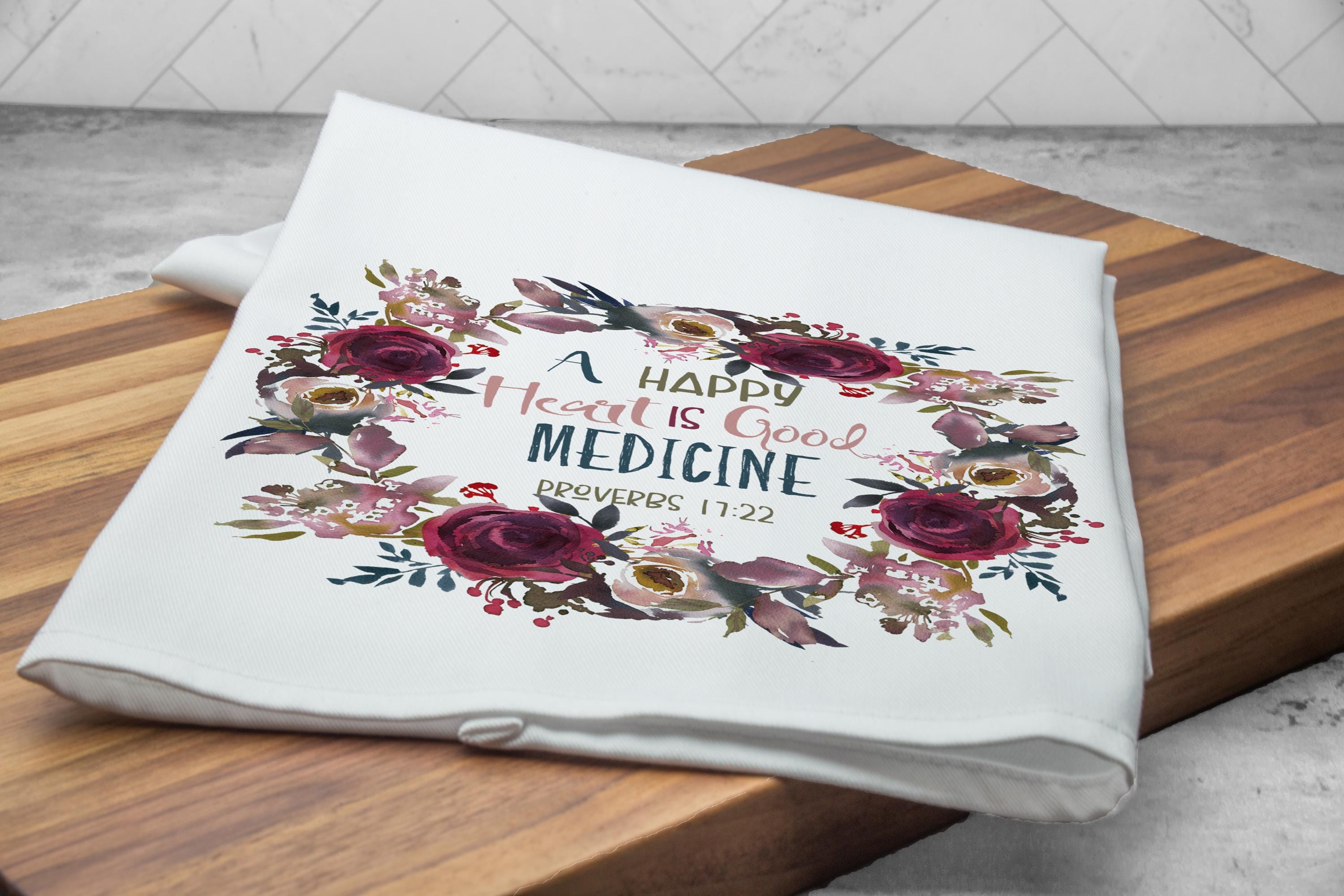 Inspirational Bible Verse Tea Towel, A Happy Heart is Good Medicine Kitchen Towel, Faith Tea Towels for Christians, Hand Towel, Gift for her