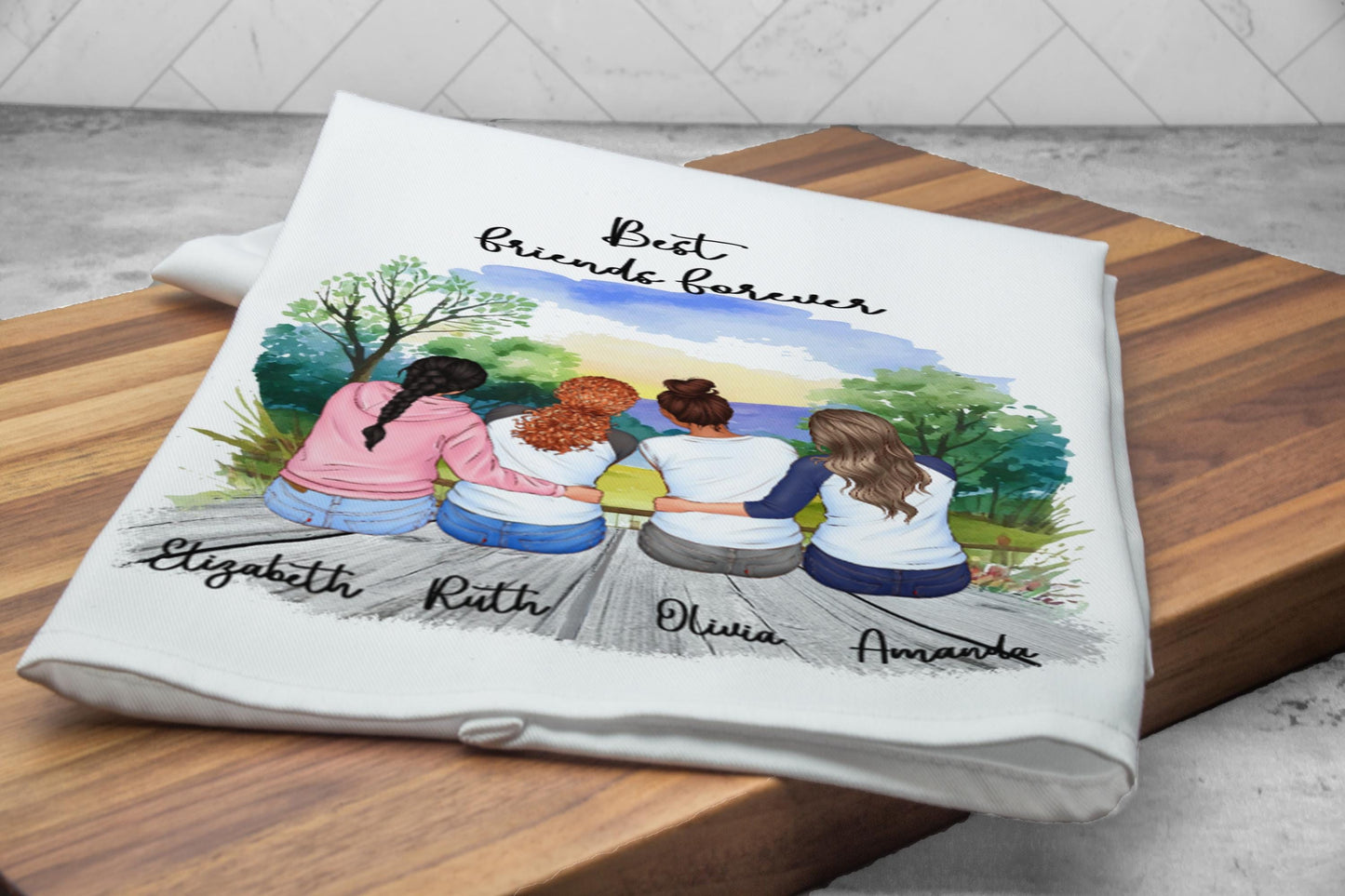 Custom Best Friends Tea Towel, Personalized with 2 to 4 Friends, Custom Names, Hair, Outfits and Backgrounds, Friendship Gift, Keepsake Gift