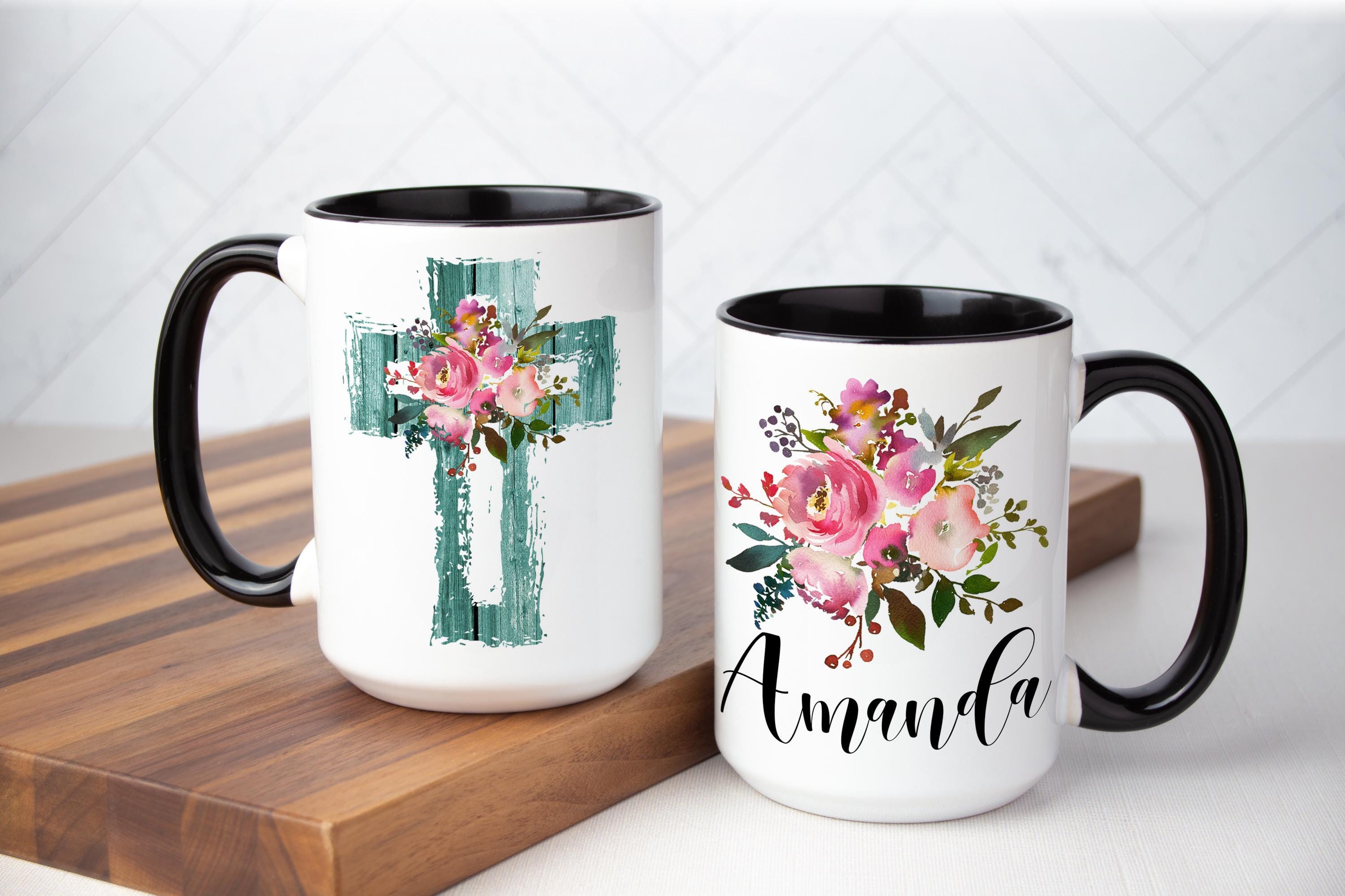 Personalized Christian mug - Floral Christian mug - Cross Coffee mug for women - Custom Christian gift for her - Religious mug - Easter mug