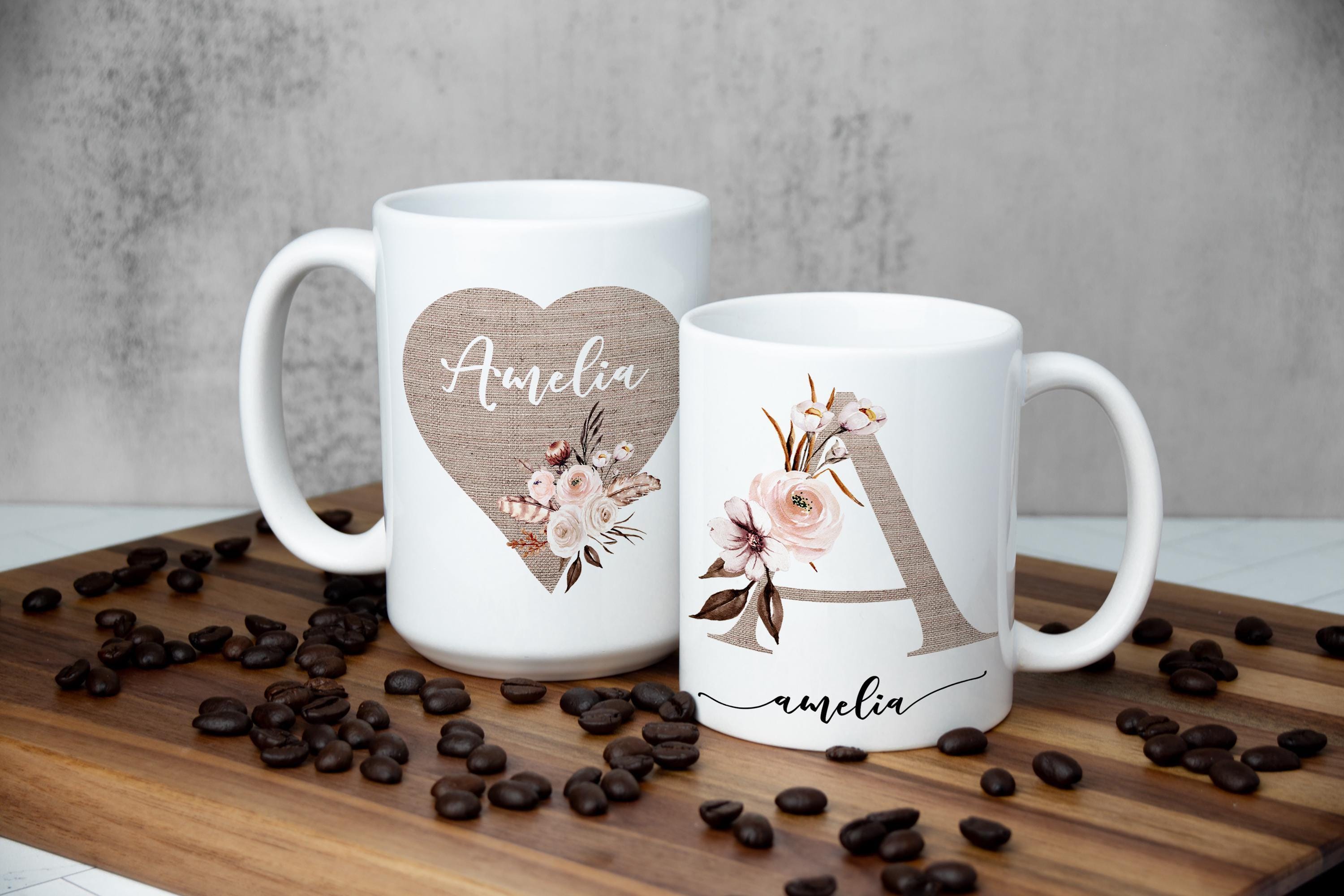 Floral Monogram Coffee Mug: Personalized Ceramic Tea Lover Gift