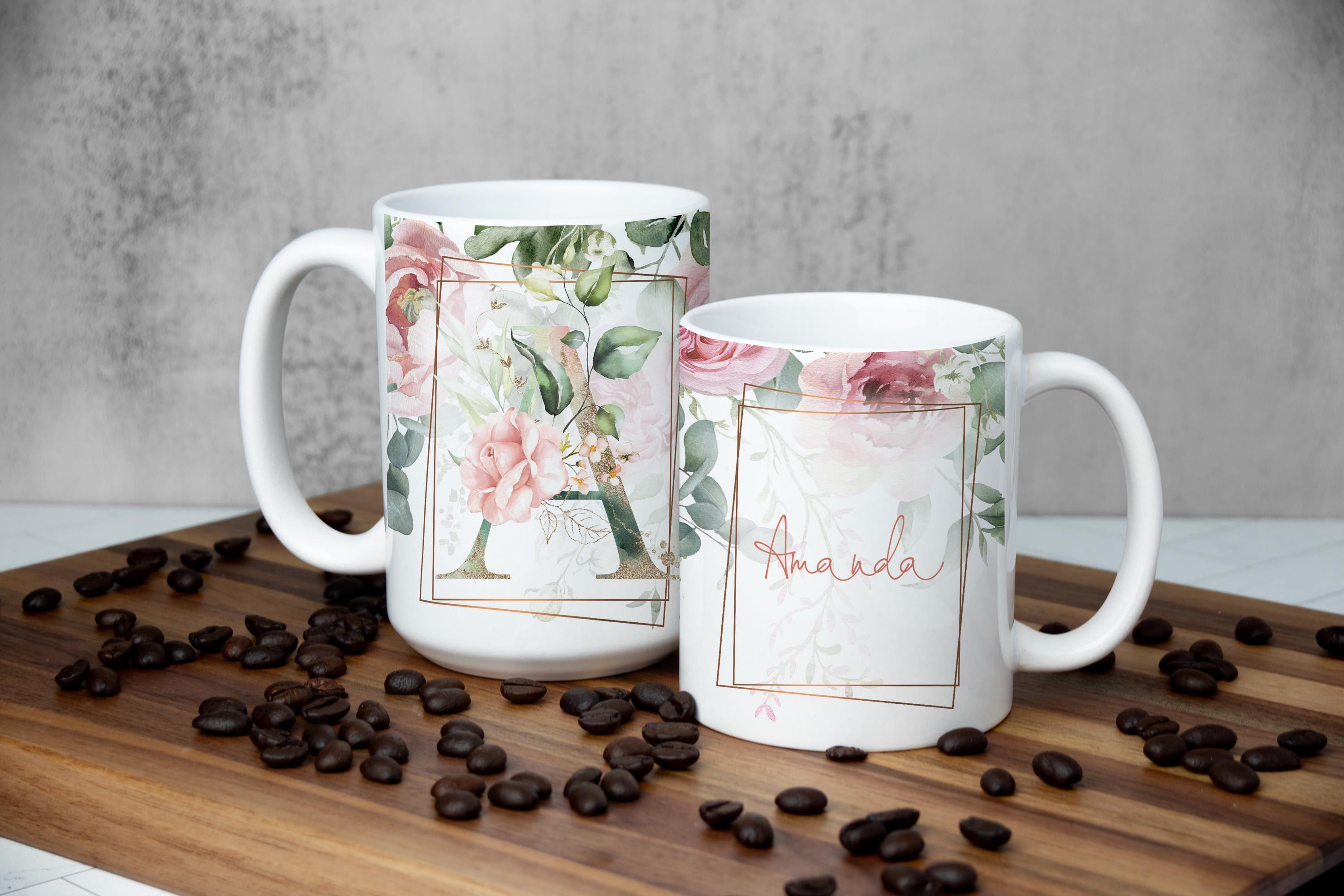 Floral Monogram Mug: Personalized Pink Rose Ceramic Coffee Mug