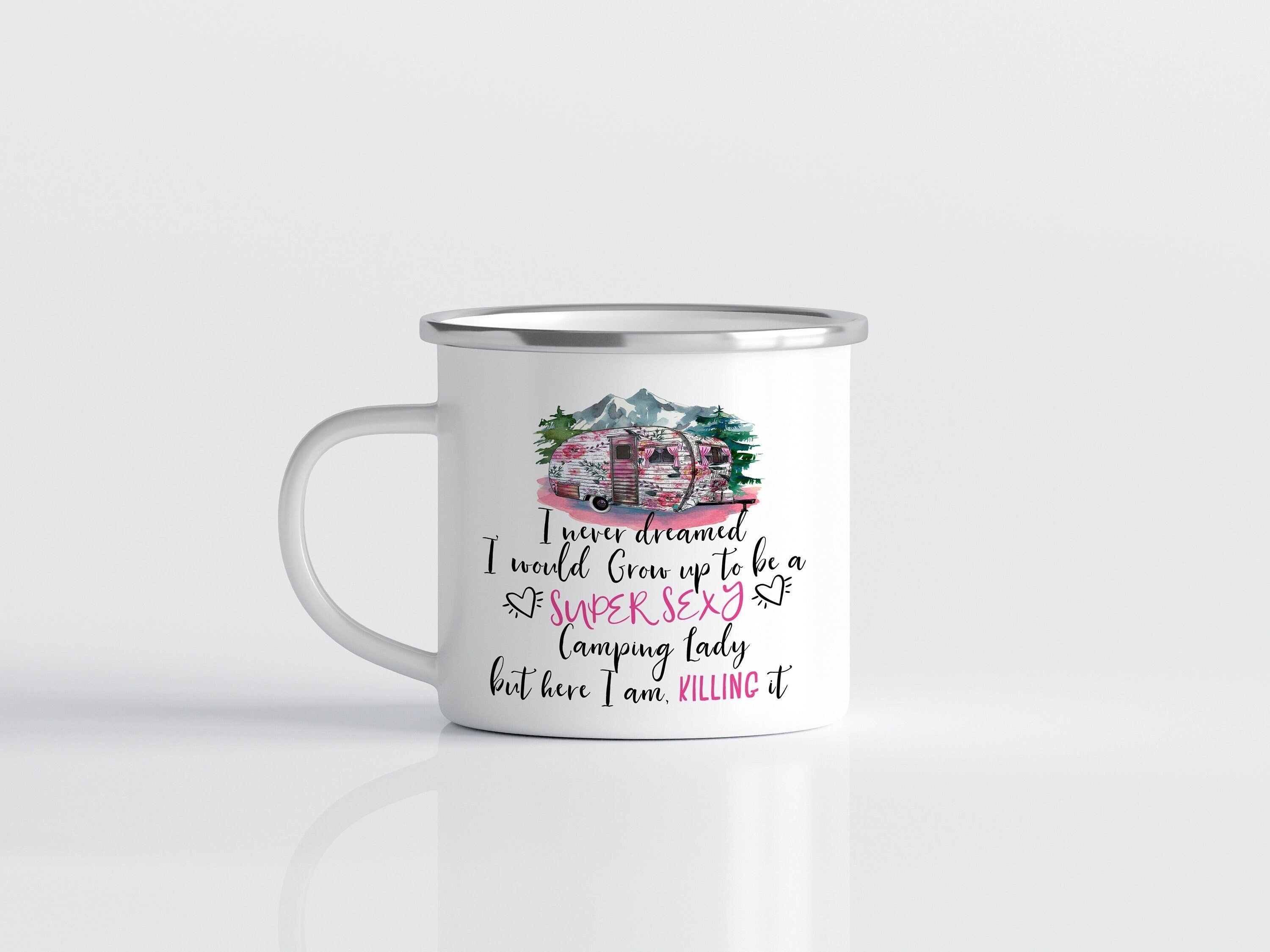 12oz/18oz Sexy Glamping Camp mug for women, Caravan Enamel Mug, Large Travel mug, Party favor gift idea, Coffee Gift Mug for Outdoor Friend