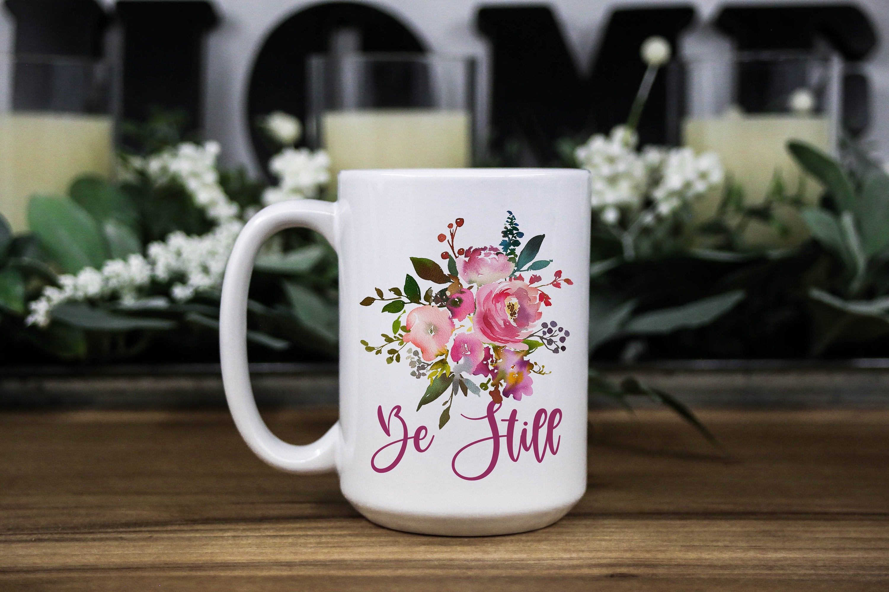Pink Floral Coffee Mug: Be Still Christian Gift (11oz & 15oz)