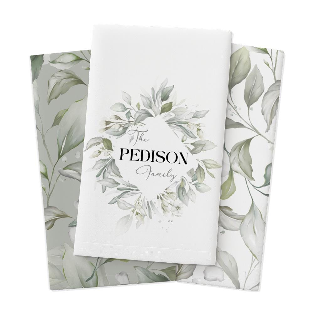 Personalized Botanical Tea Towel Set: Soft Greenery Kitchen Decor, Farmhouse style Gift