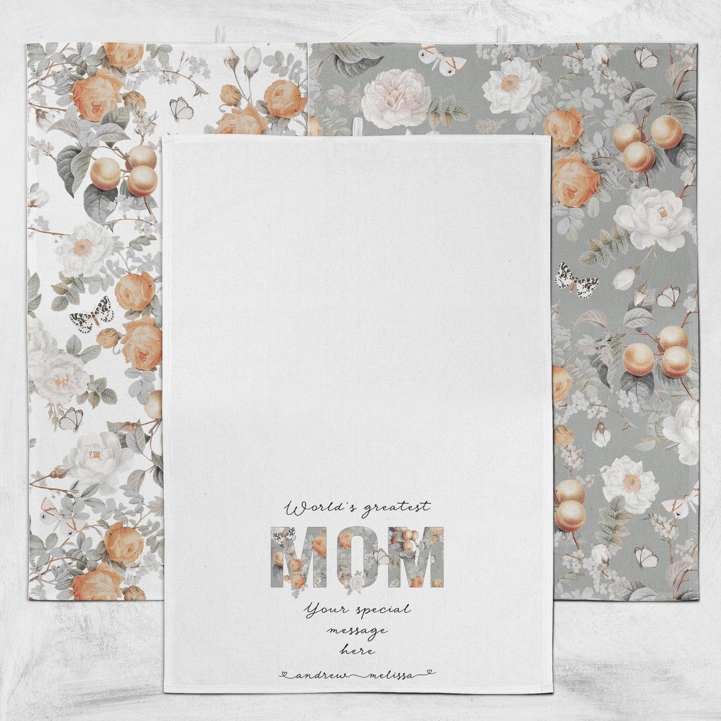 World's Greatest Mom Tea Towel 3-piece set, Custom Peach floral Kitchen Towels with Kids' Names and special message, Mother's Day Gift