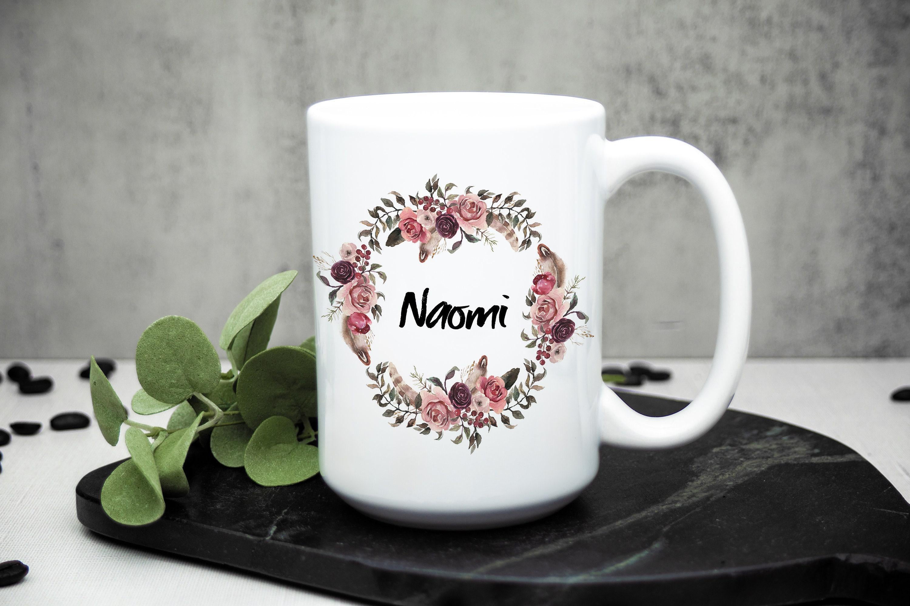 Personalized Floral Wreath Coffee Mug: Pink Mauve Ceramic Mug (11oz & 15oz)