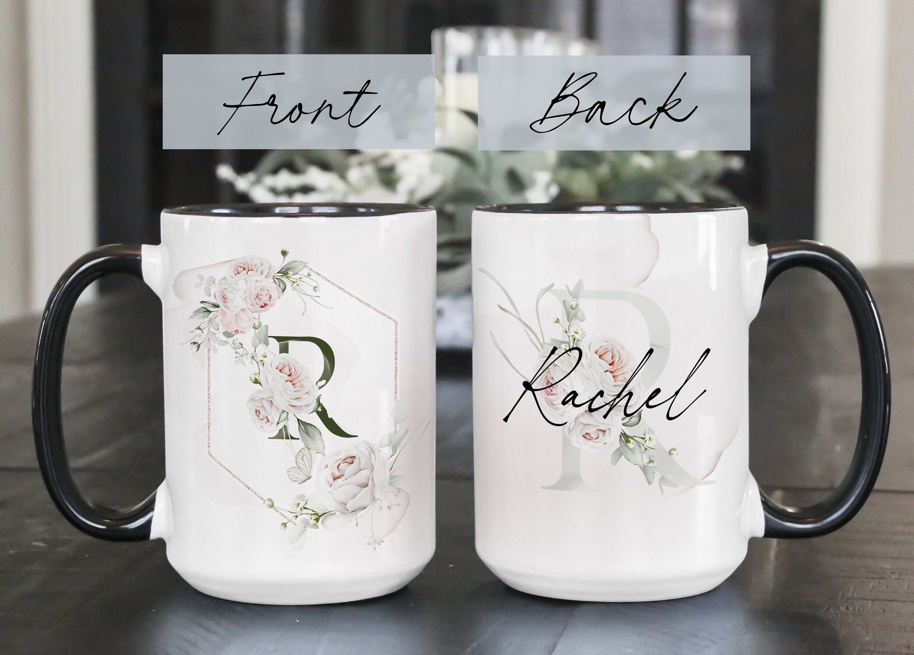 Personalized Floral Monogram Coffee Mug - Custom Name Ceramic Mug, Multiple Sizes & Colors Available