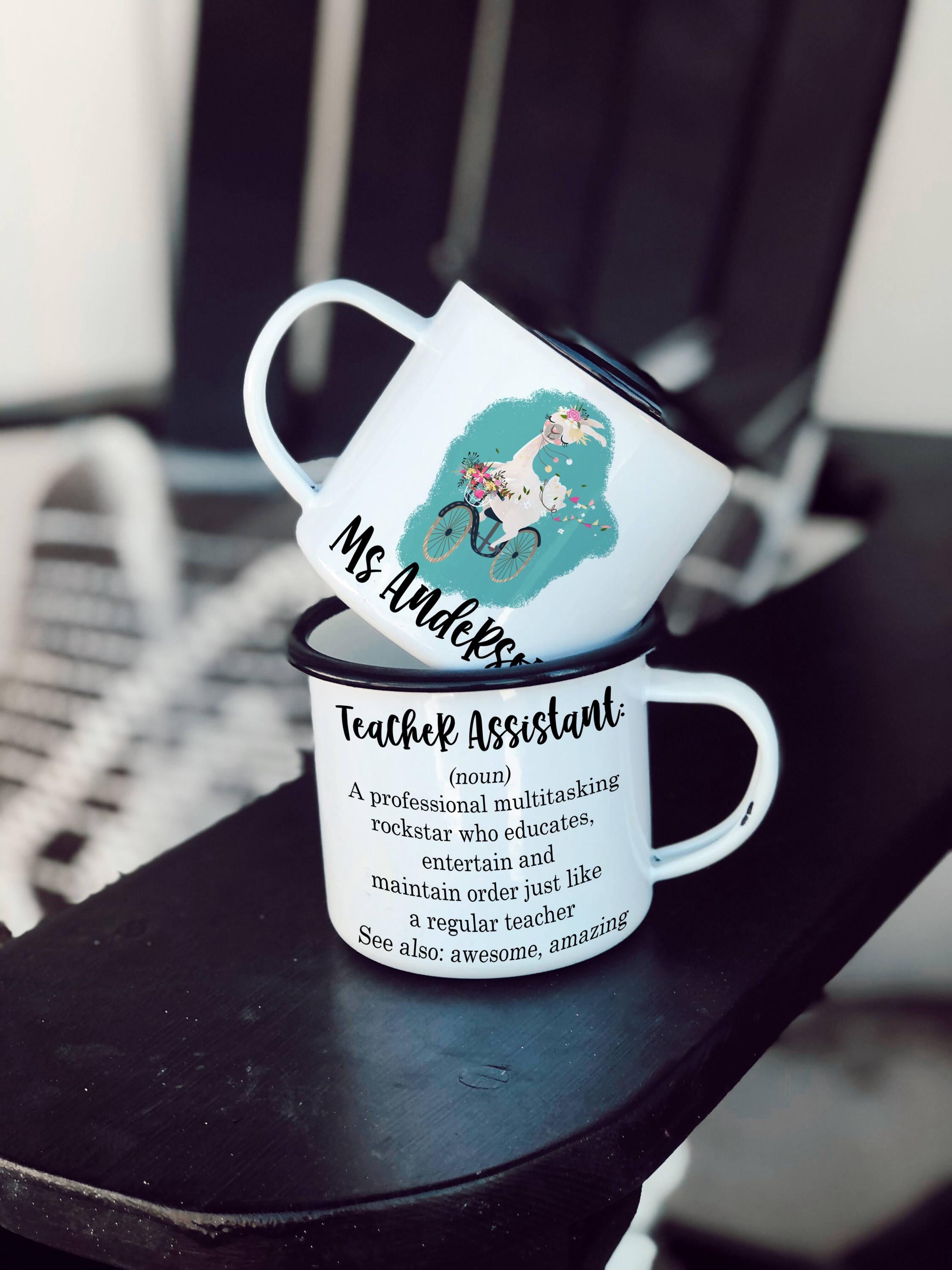 Llama Teacher Assistant Enamel Mug: Personalized Definition Gift. Multiple Sizes & Colors Available