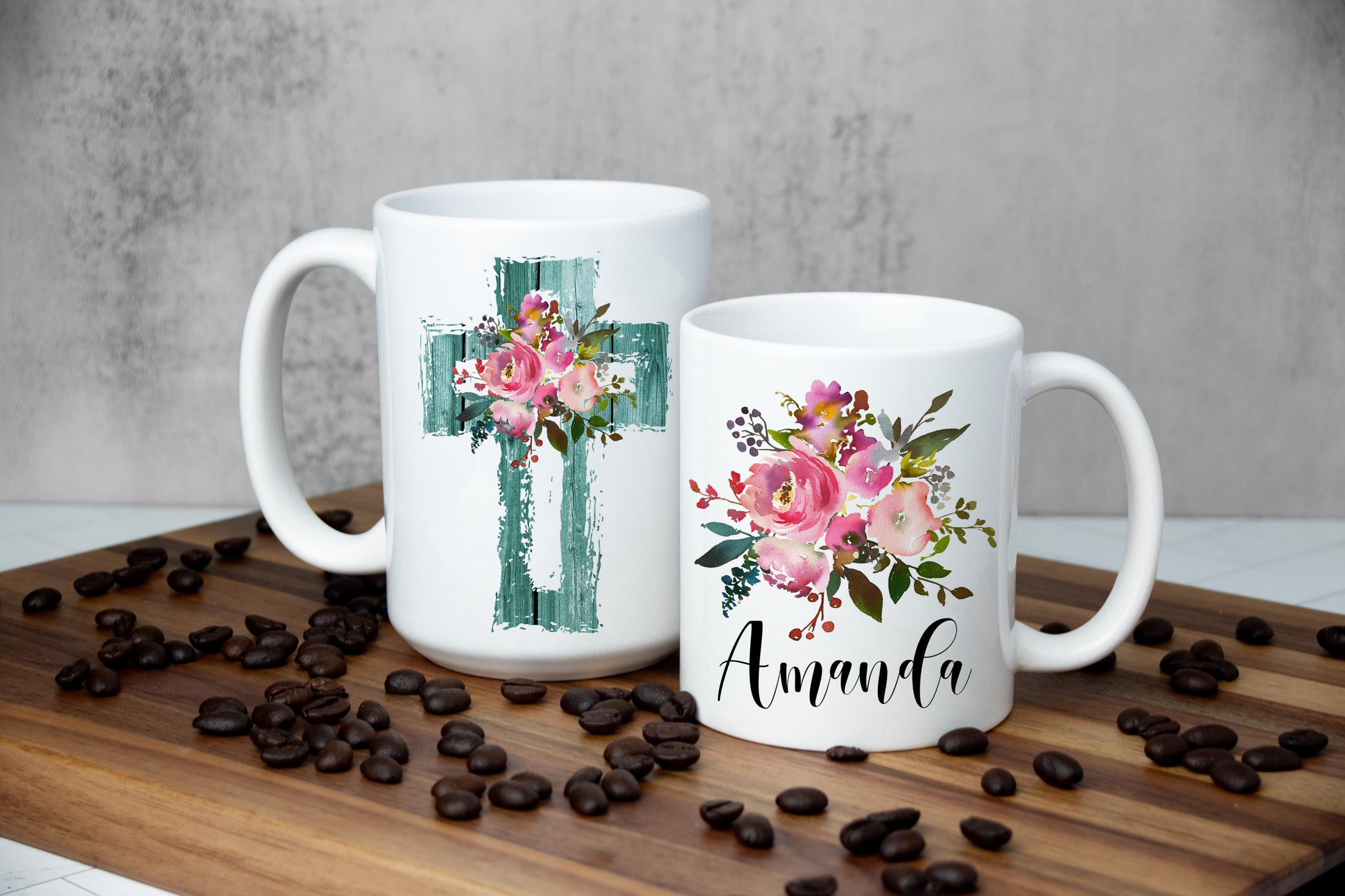 Personalized Christian mug - Floral Christian mug - Cross Coffee mug for women - Custom Christian gift for her - Religious mug - Easter mug