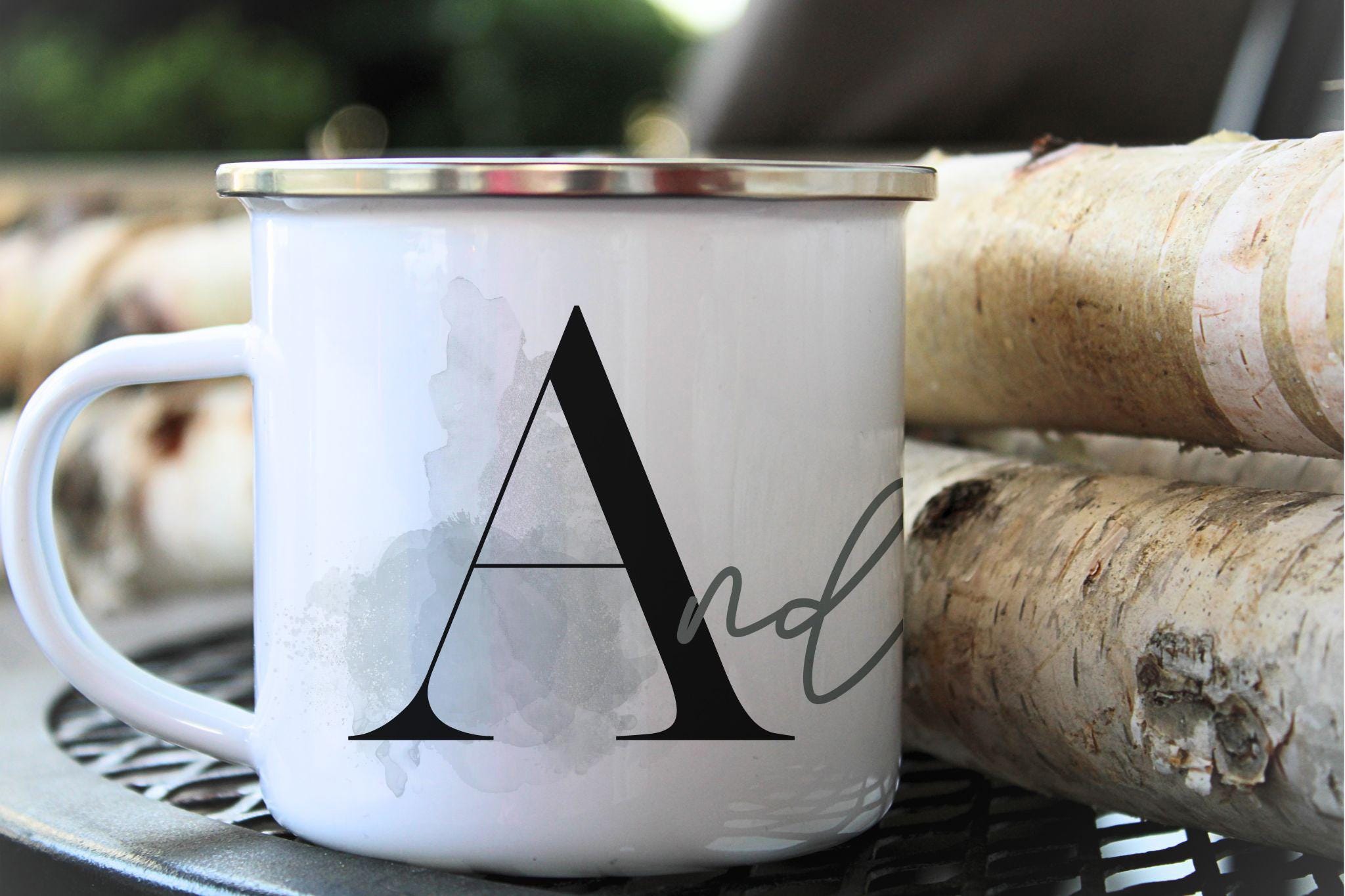 Personalized Enamel Camp Mug: Green Hues Monogram, Multiple Sizes & Colors Available (Gift Box Included)