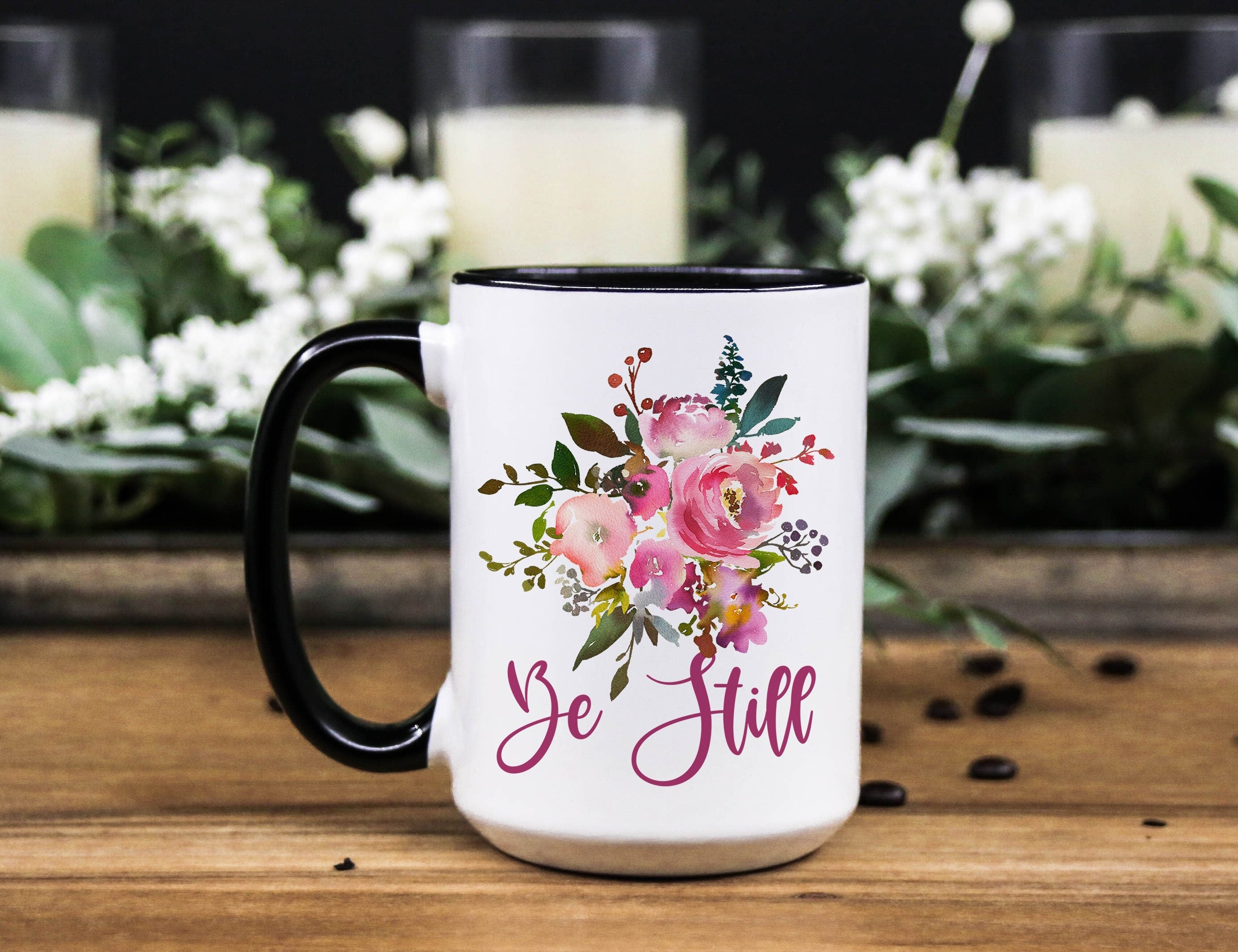 Pink Floral Coffee Mug: Be Still Christian Gift (11oz & 15oz)