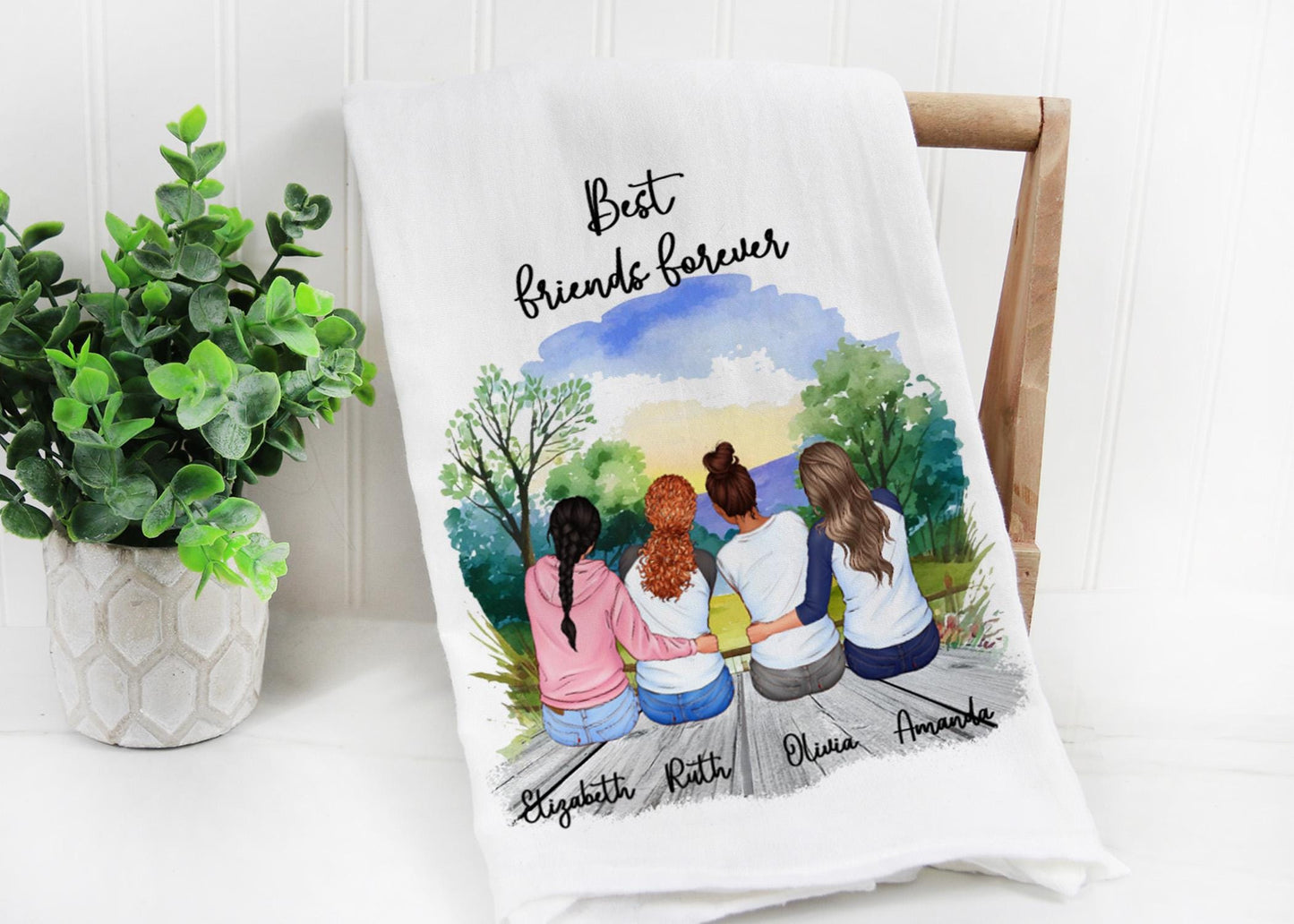 Custom Best Friends Tea Towel, Personalized with 2 to 4 Friends, Custom Names, Hair, Outfits and Backgrounds, Friendship Gift, Keepsake Gift