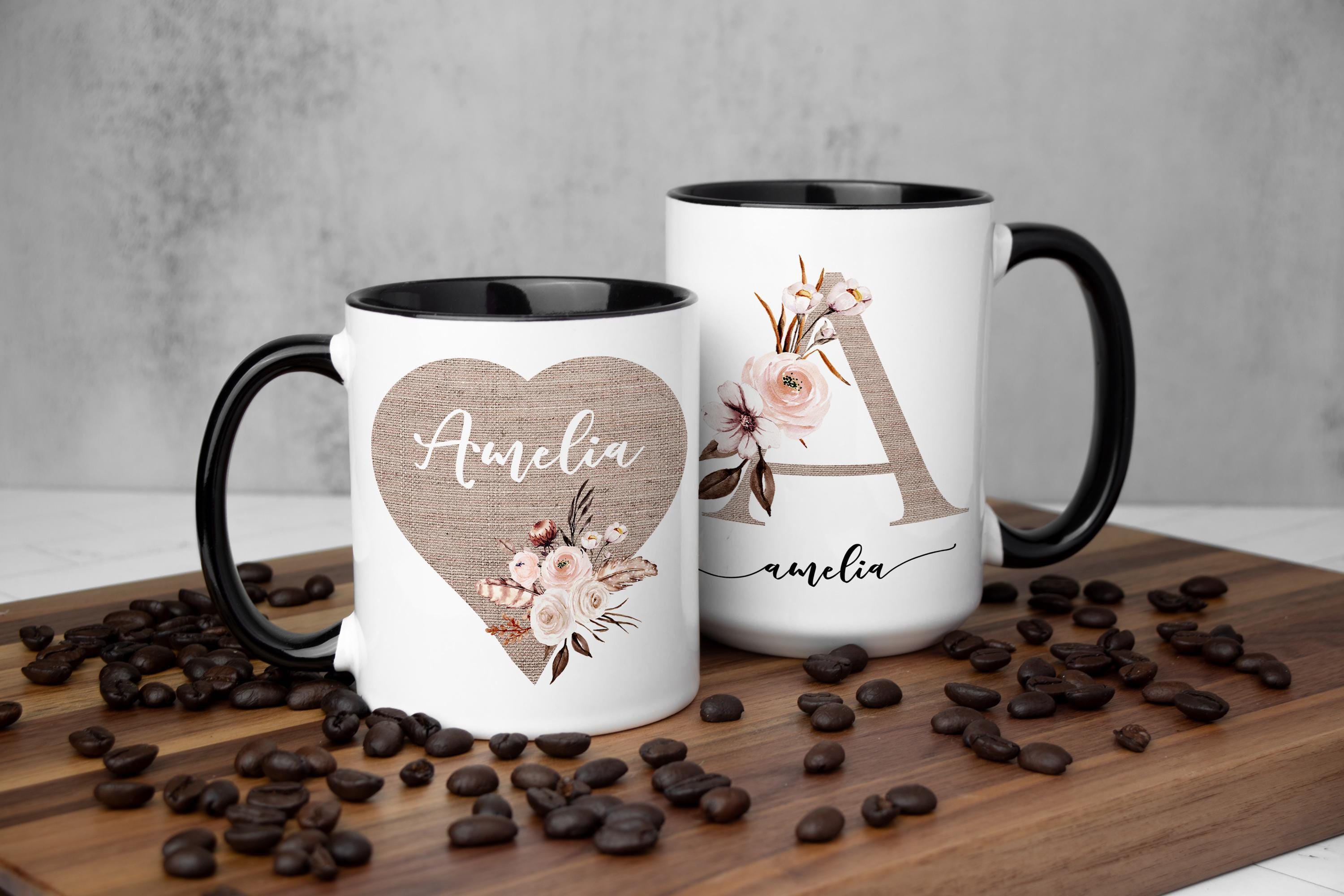 Floral Monogram Coffee Mug: Personalized Ceramic Tea Lover Gift