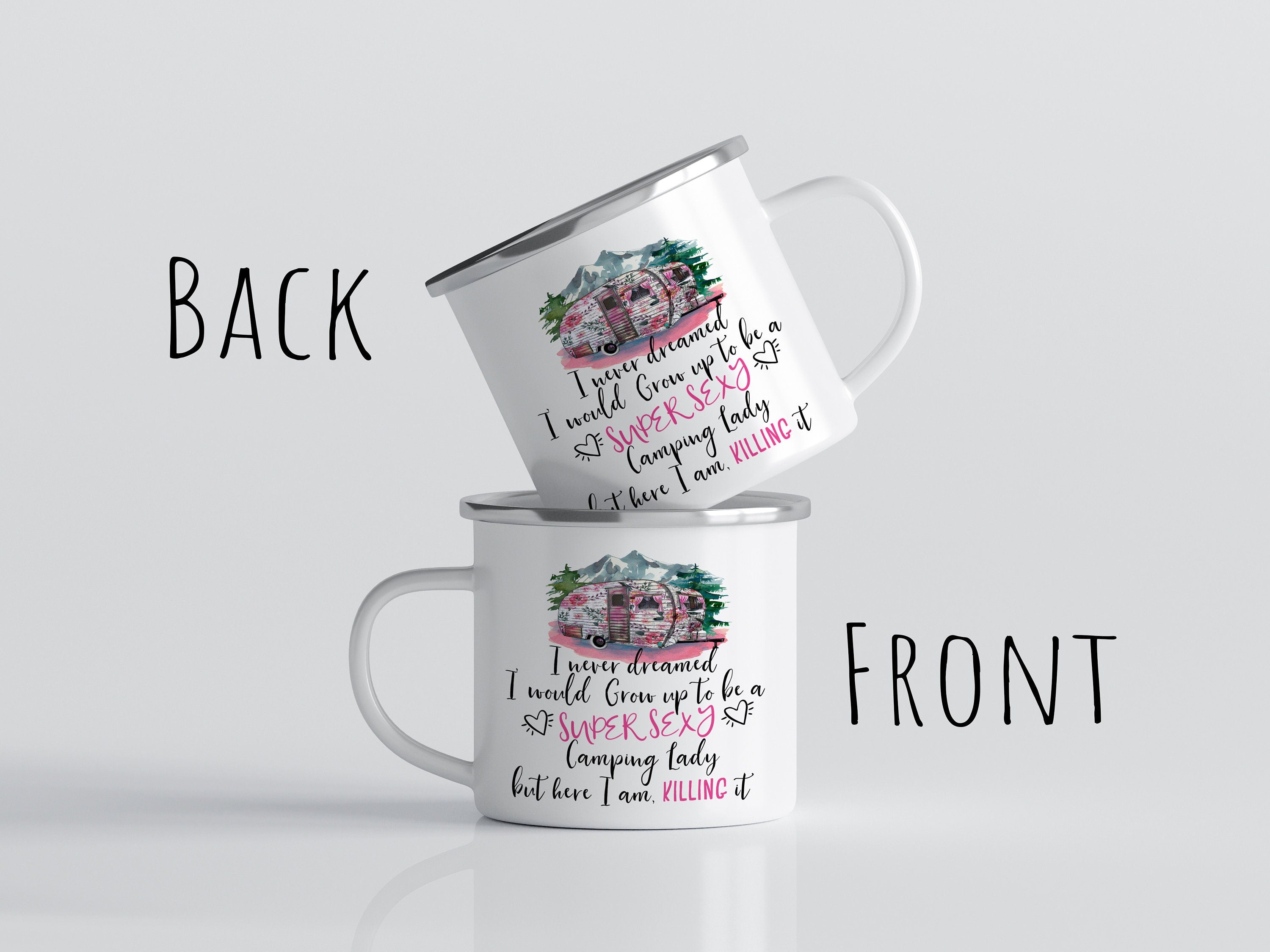 12oz/18oz Sexy Glamping Camp mug for women, Caravan Enamel Mug, Large Travel mug, Party favor gift idea, Coffee Gift Mug for Outdoor Friend