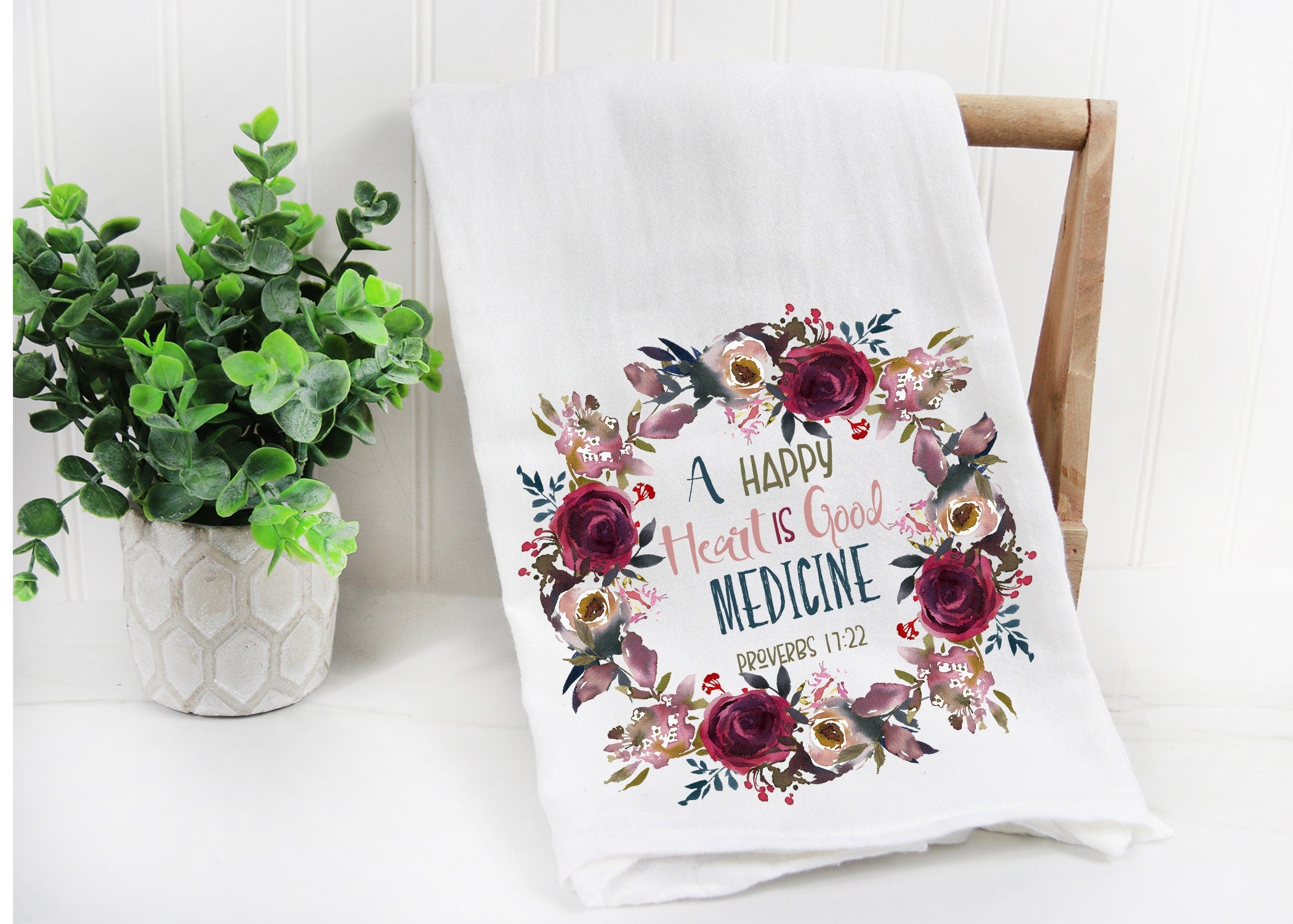 Inspirational Bible Verse Tea Towel, A Happy Heart is Good Medicine Kitchen Towel, Faith Tea Towels for Christians, Hand Towel, Gift for her