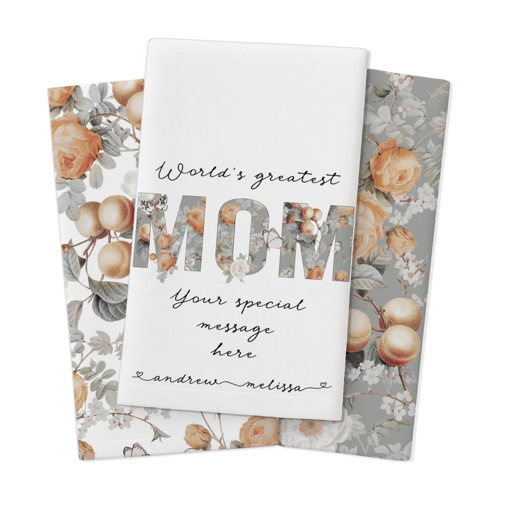 World's Greatest Mom Tea Towel 3-piece set, Custom Peach floral Kitchen Towels with Kids' Names and special message, Mother's Day Gift
