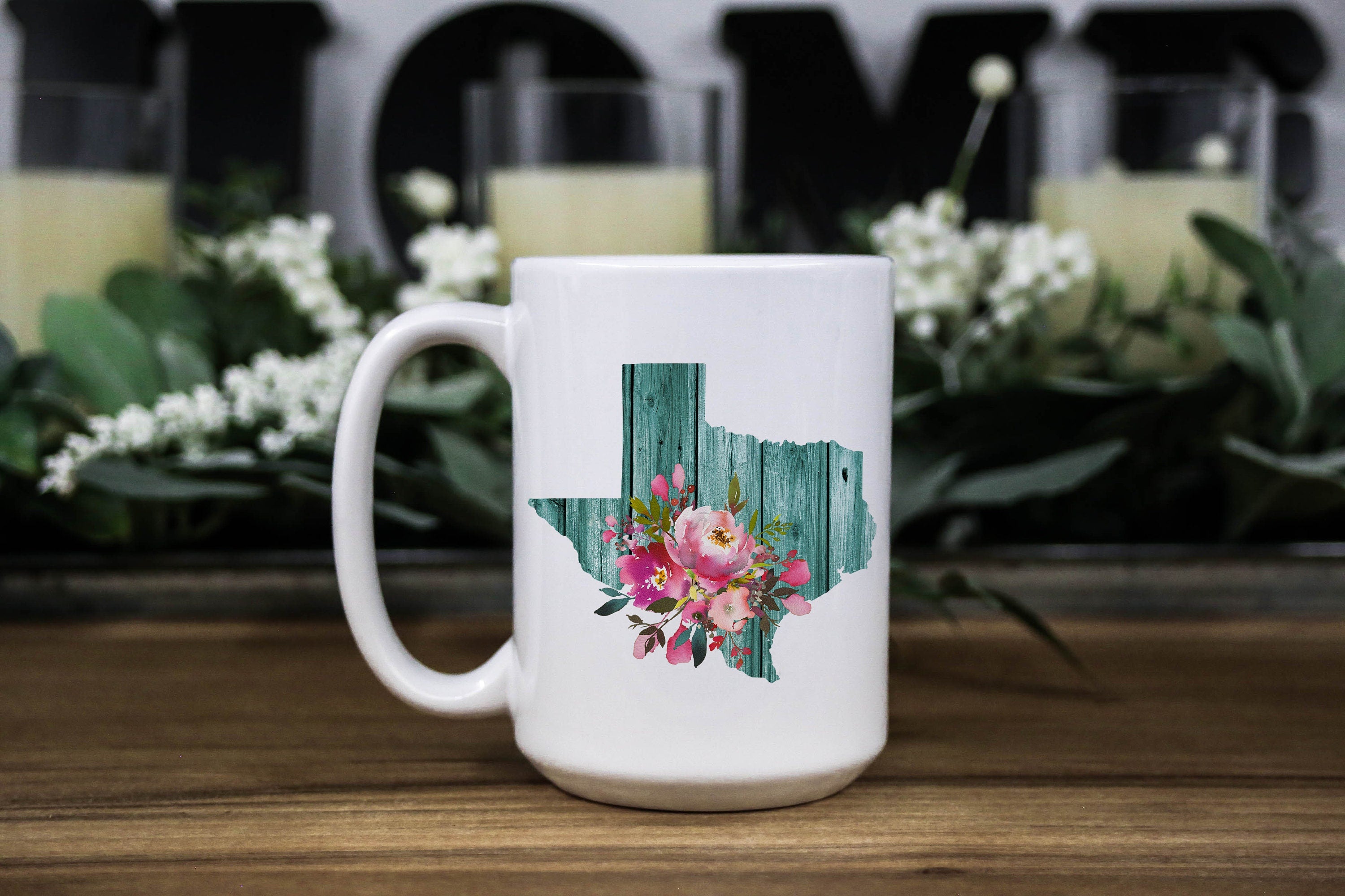 Floral Texas Mug: Teal Wood State, Texan Gift
