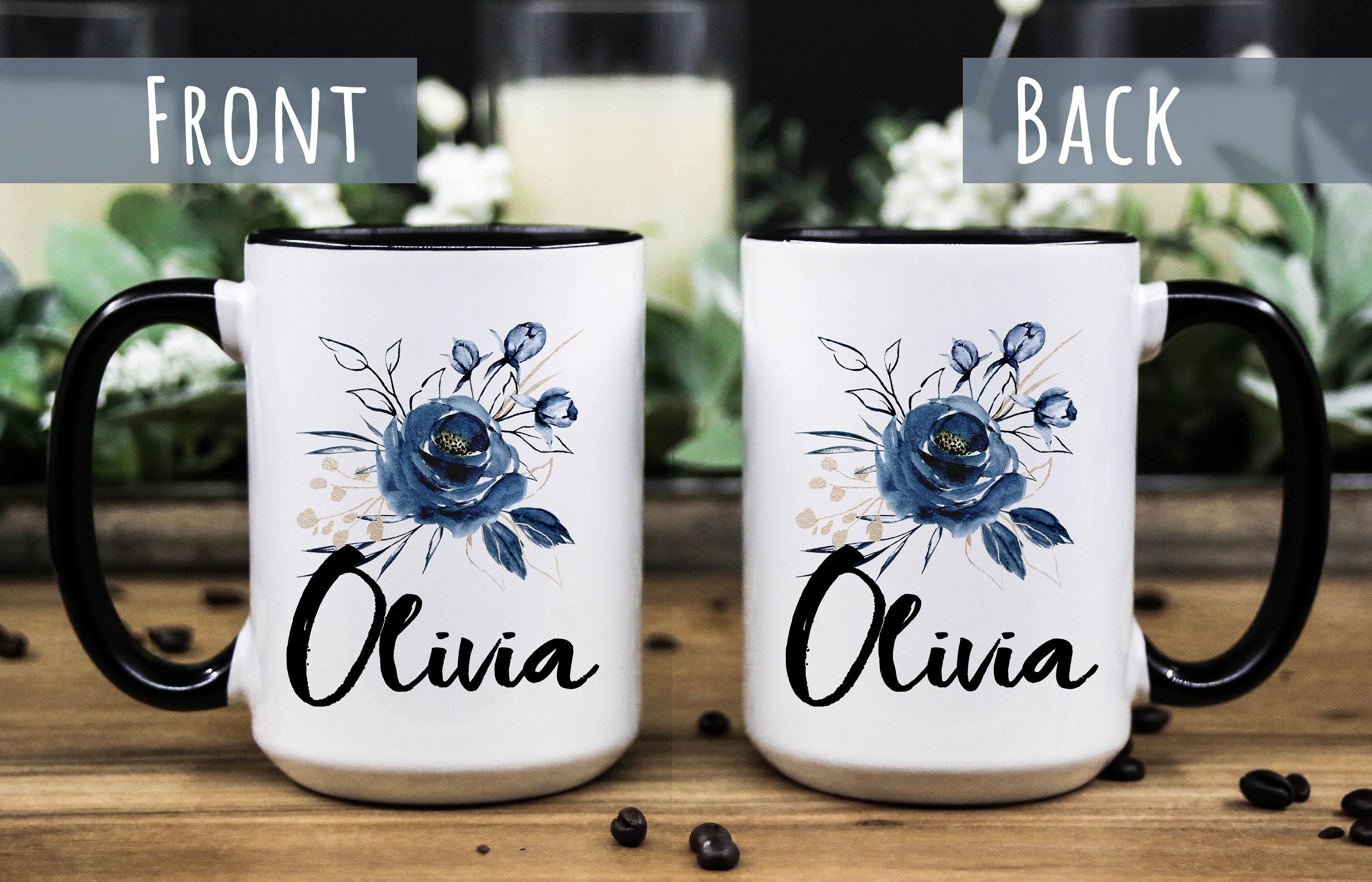 Personalized Floral Coffee Mug: Blue Flower Name Mug