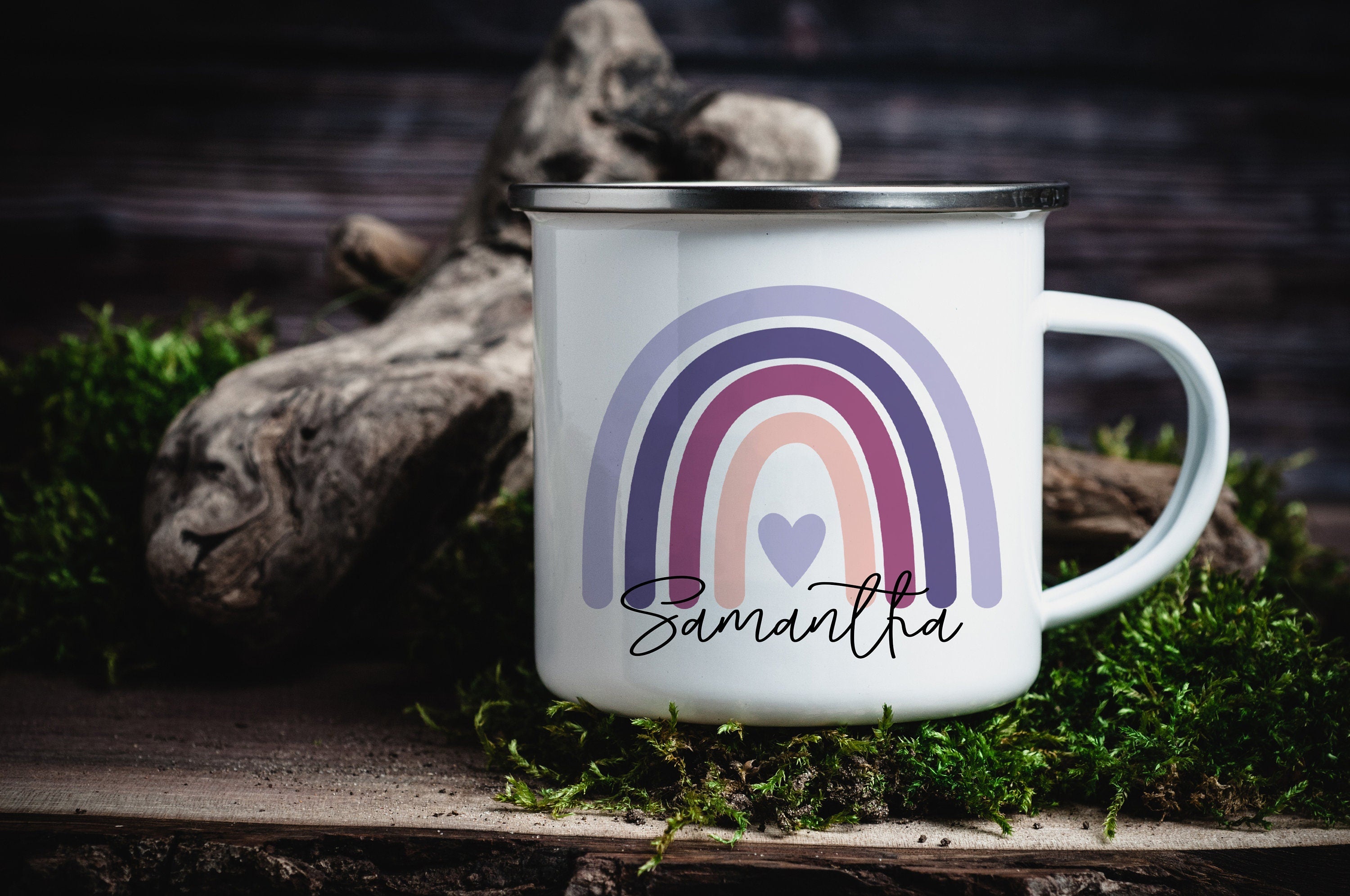 Personalized Rainbow Enamel Camp Mug: Custom Kid's Name, Multiple Sizes & Colors Available (Giftbox Included)