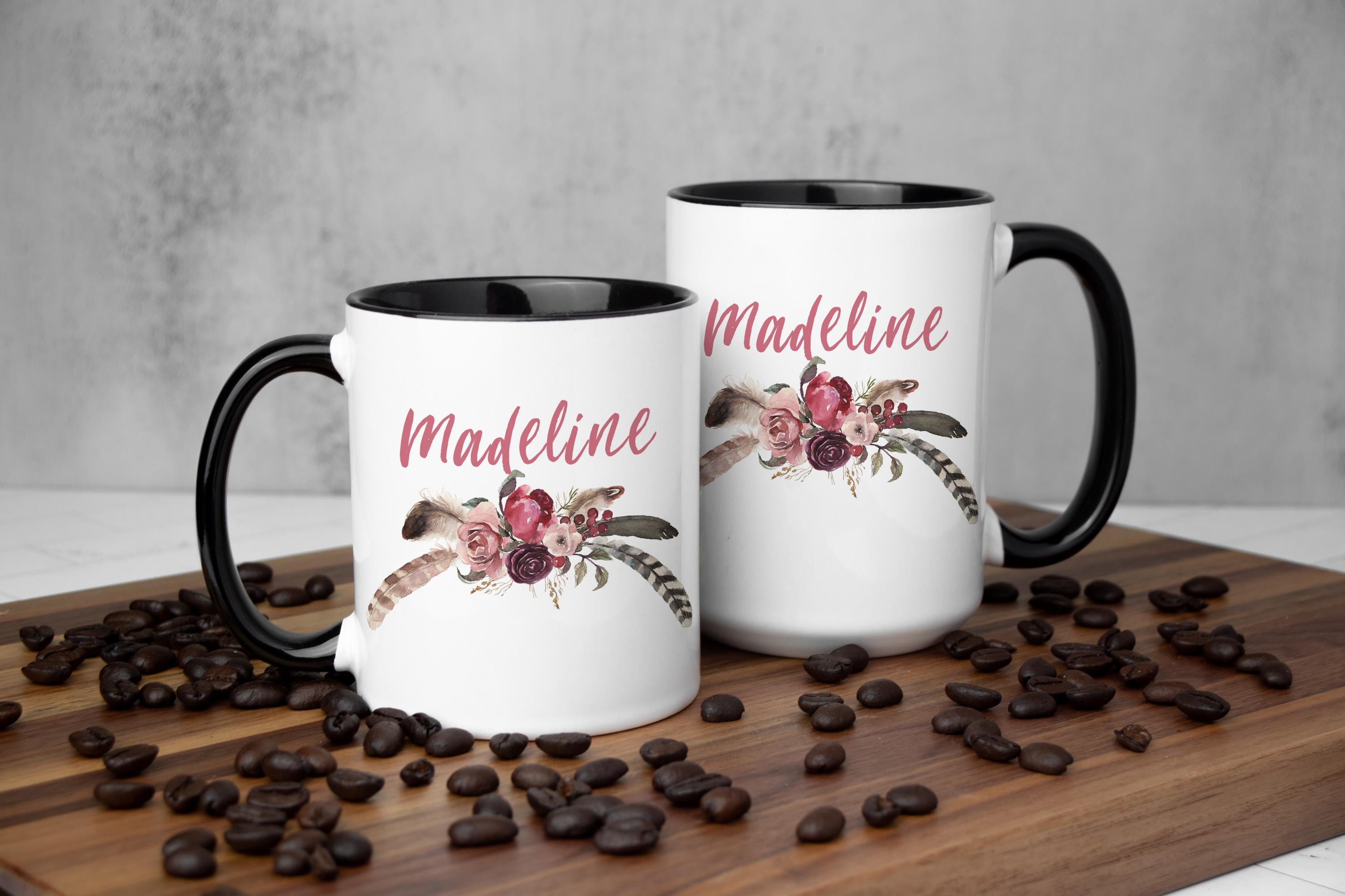 Personalized Floral Mug: Pink Mauve Feathers, Custom Name Gift