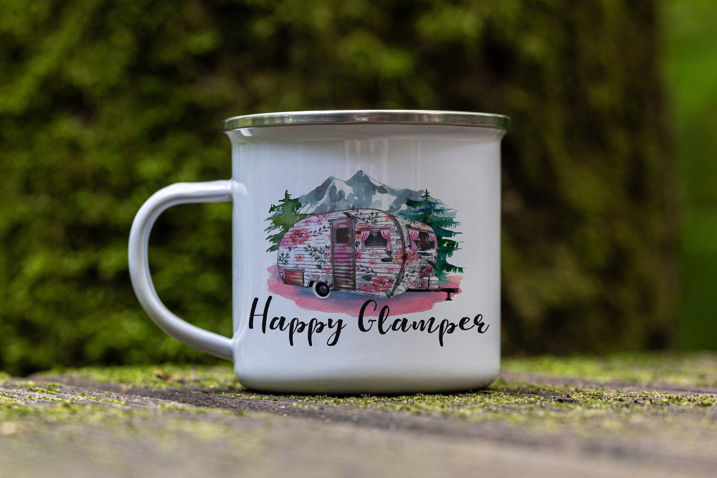Enamel Camping Mug: Caravan Glamping Travel Mug, Multiple Sizes & Colors Available (Gift Box Included)