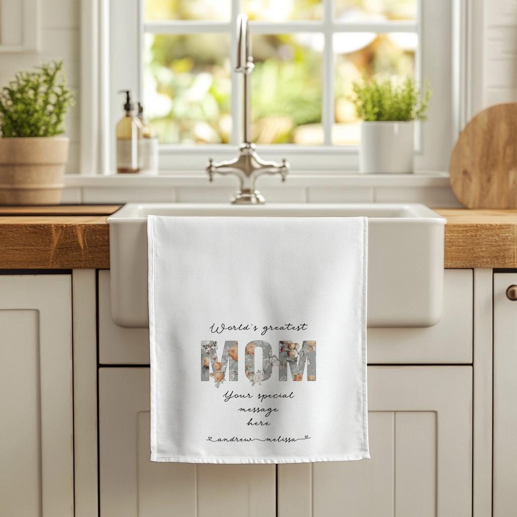 World's Greatest Mom Tea Towel 3-piece set, Custom Peach floral Kitchen Towels with Kids' Names and special message, Mother's Day Gift