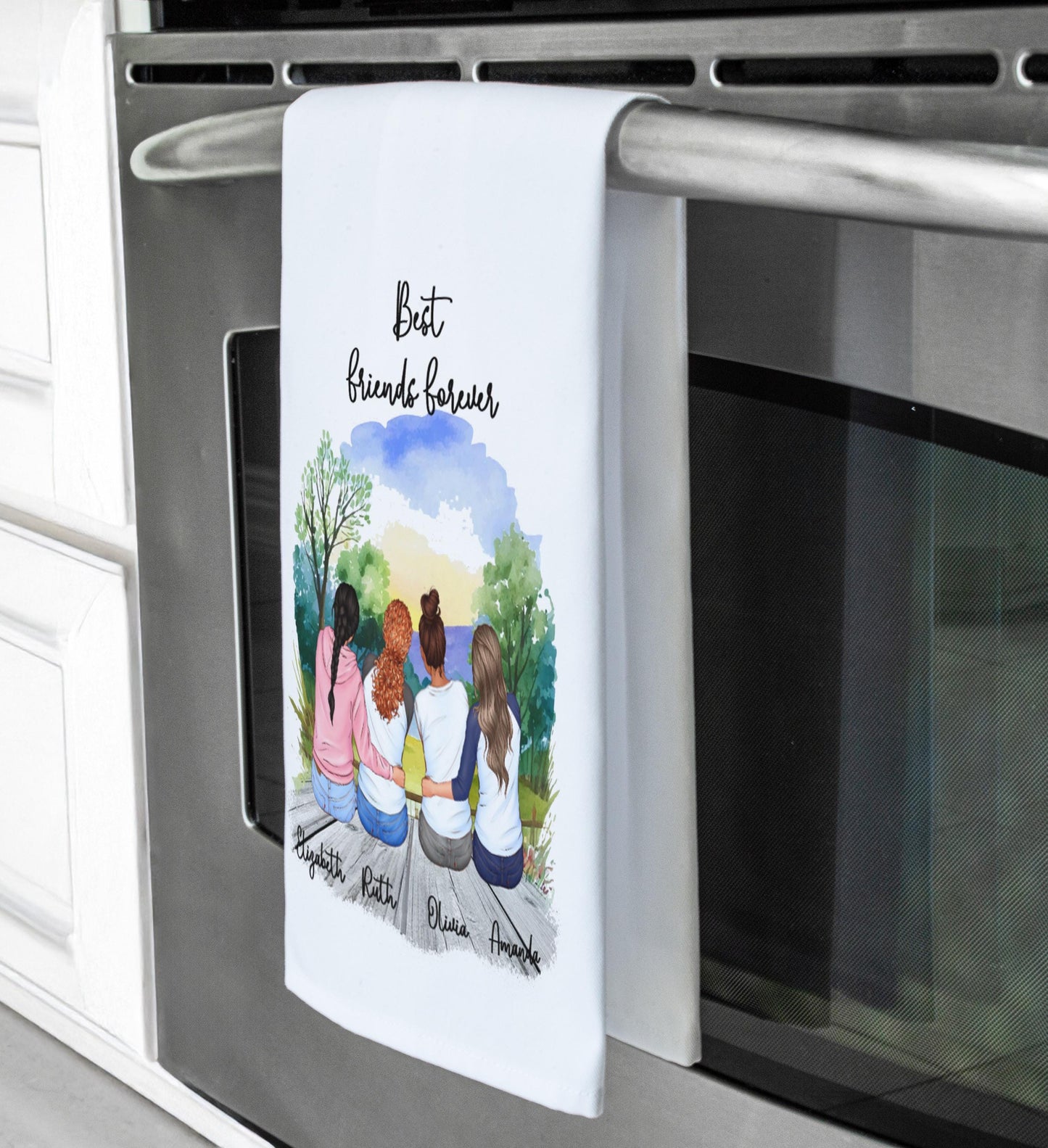 Custom Best Friends Tea Towel, Personalized with 2 to 4 Friends, Custom Names, Hair, Outfits and Backgrounds, Friendship Gift, Keepsake Gift