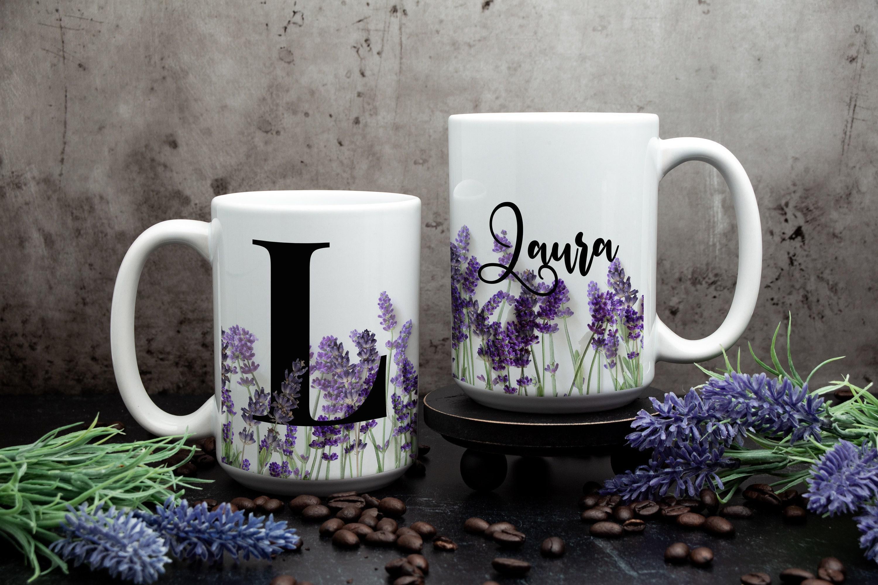 Personalized Lavender Floral Mug: Monogram Gift, Multiple Sizes & Colors Available (Giftbox included)