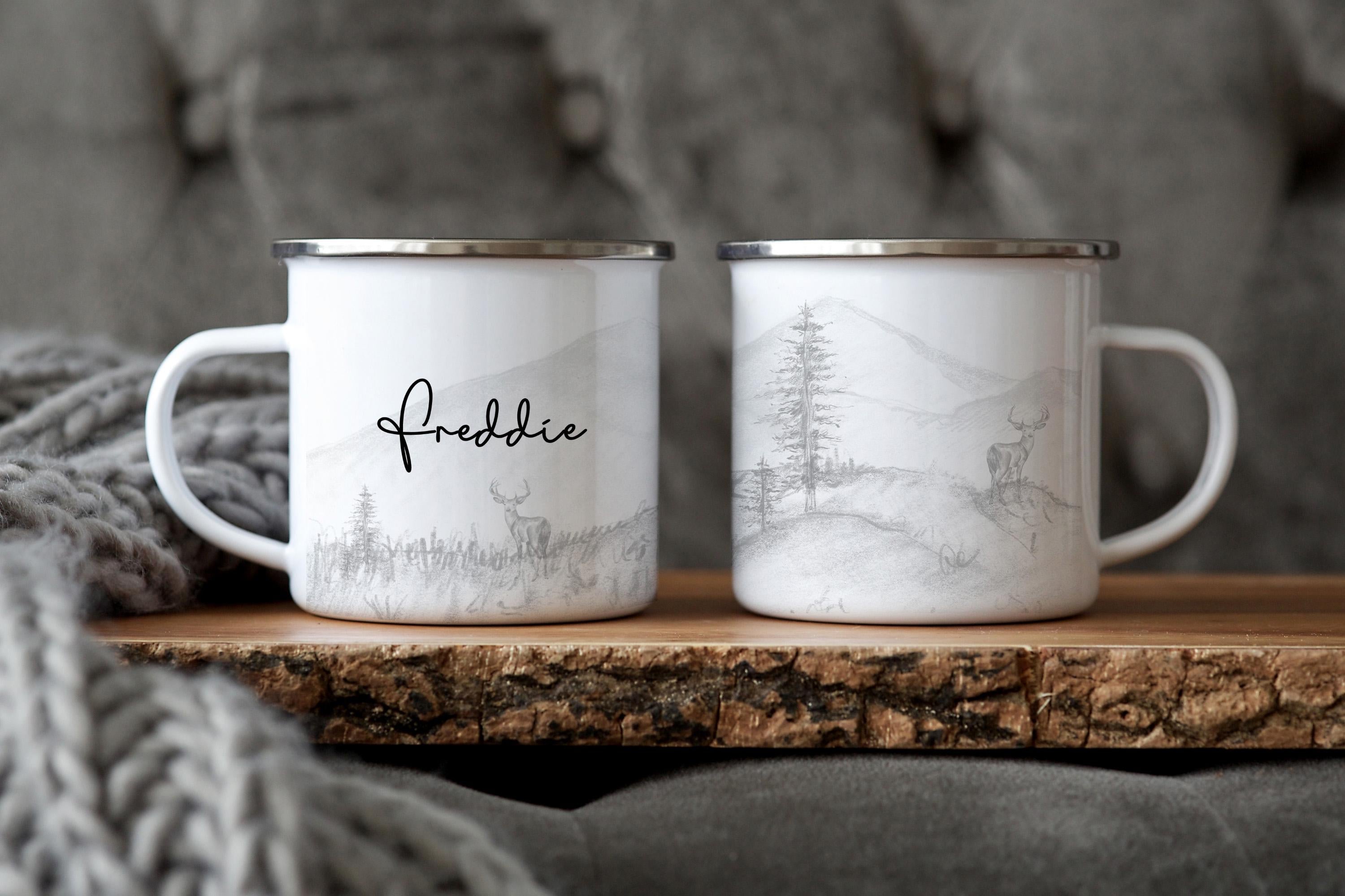 Personalized Deer Camp Mug: Hand-Sketched Nature Scene, Multiple Sizes & Colors Available