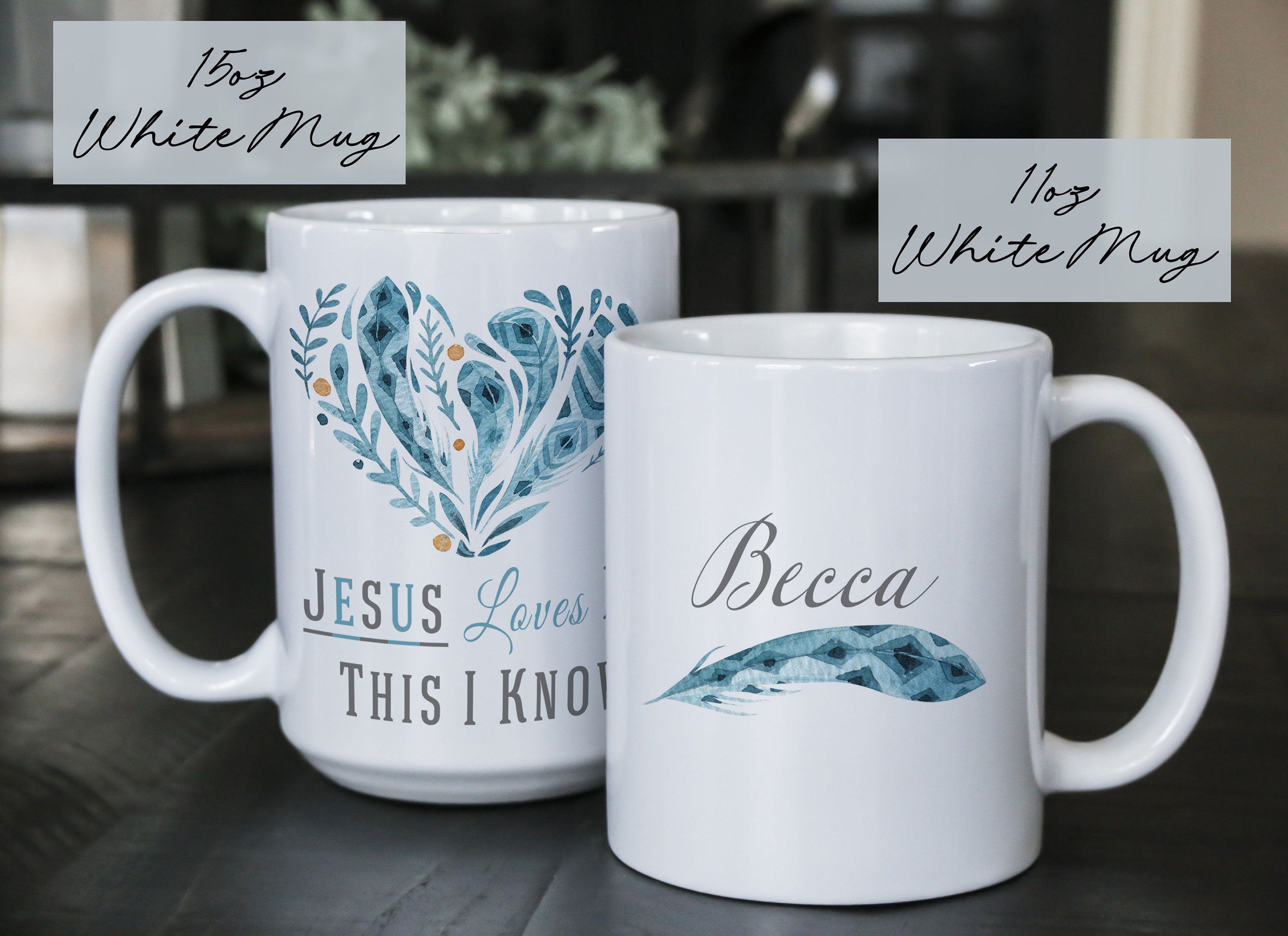 Jesus Loves Me Coffee Mug: Christian Gift with Blue Feather Heart