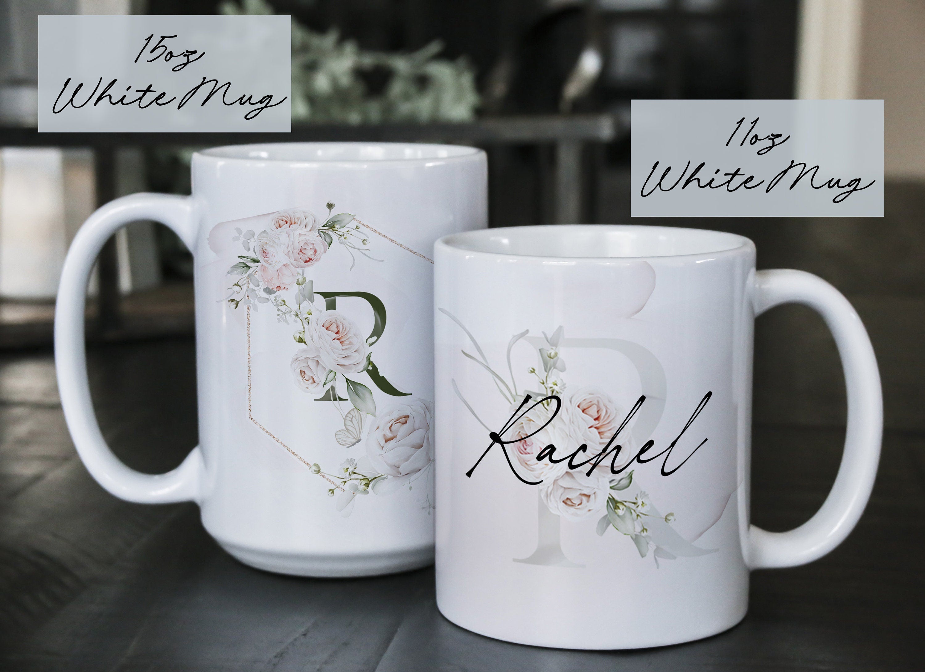 Personalized Floral Monogram Coffee Mug - Custom Name Ceramic Mug, Multiple Sizes & Colors Available
