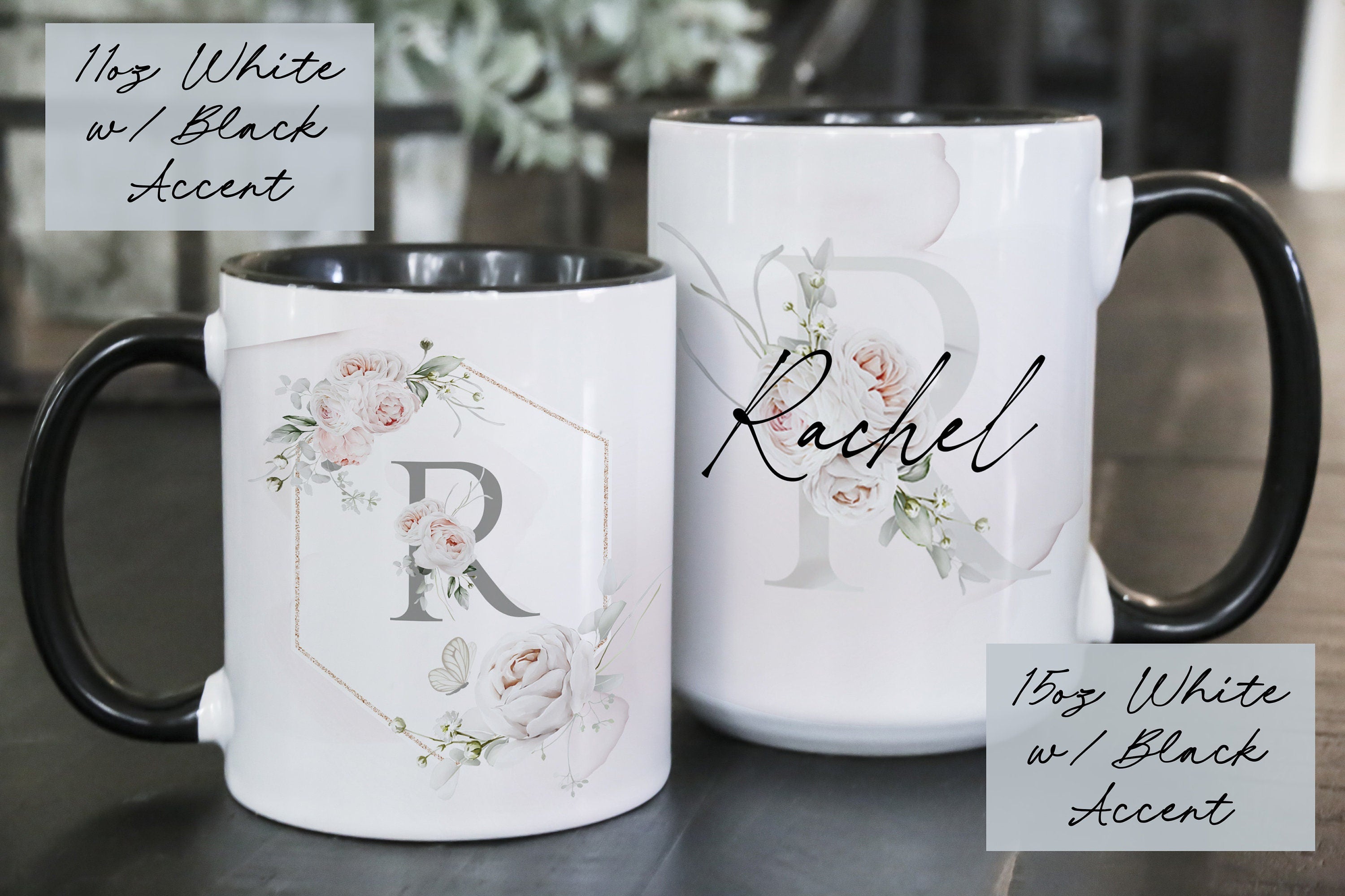 Personalized Floral Monogram Coffee Mug - Custom Name Ceramic Mug, Multiple Sizes & Colors Available