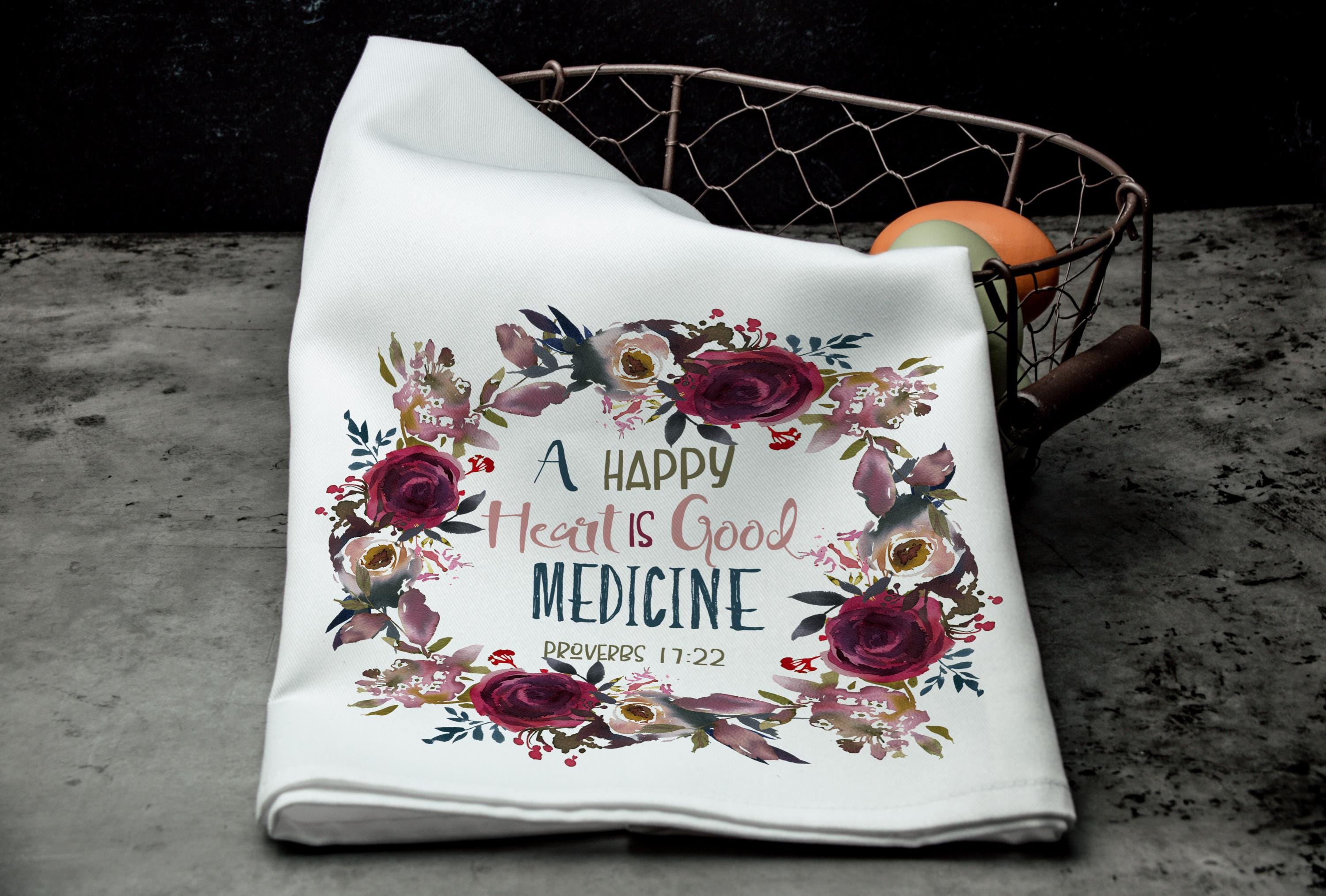 Inspirational Bible Verse Tea Towel, A Happy Heart is Good Medicine Kitchen Towel, Faith Tea Towels for Christians, Hand Towel, Gift for her