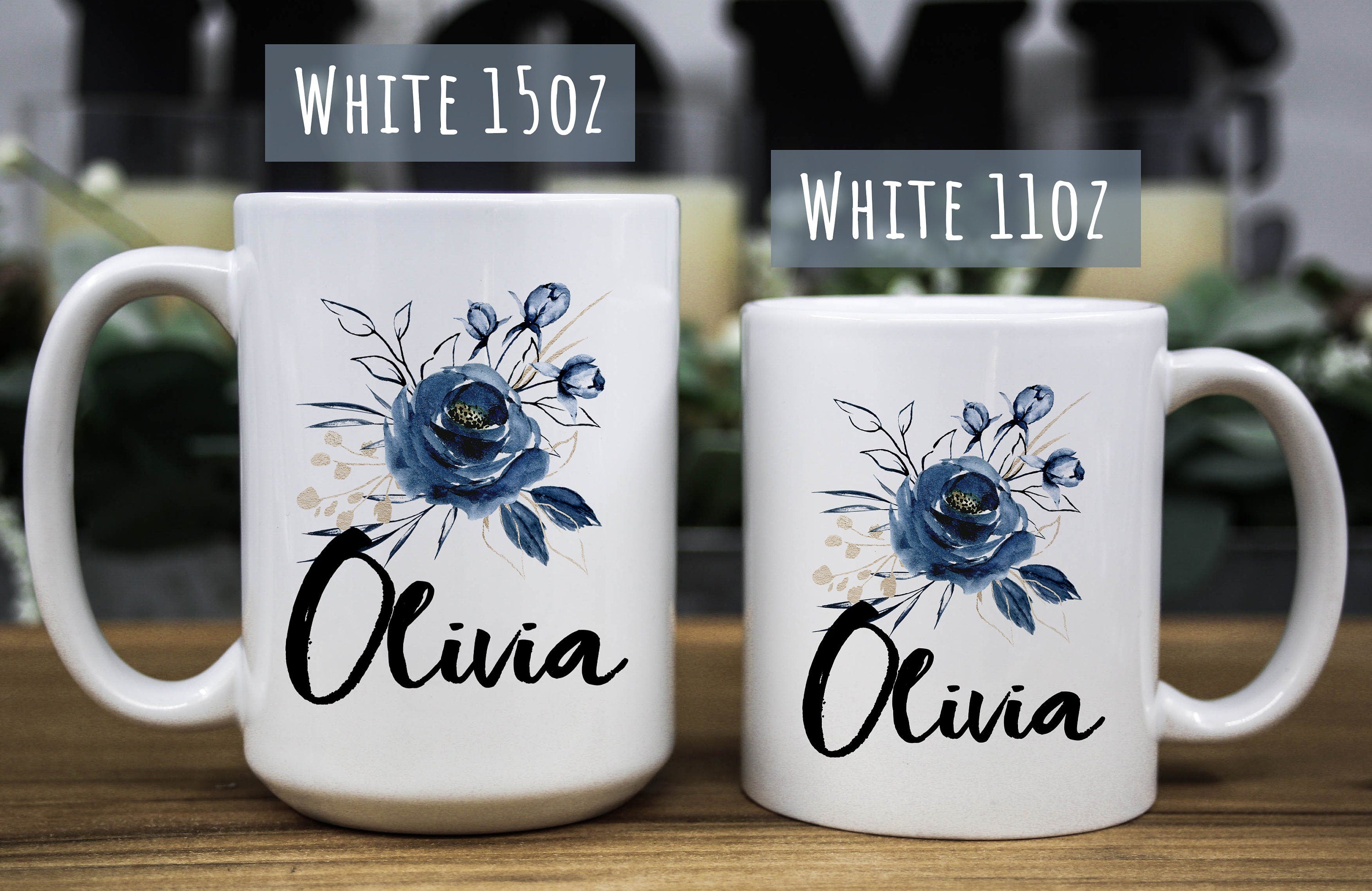 Personalized Floral Coffee Mug: Blue Flower Name Mug