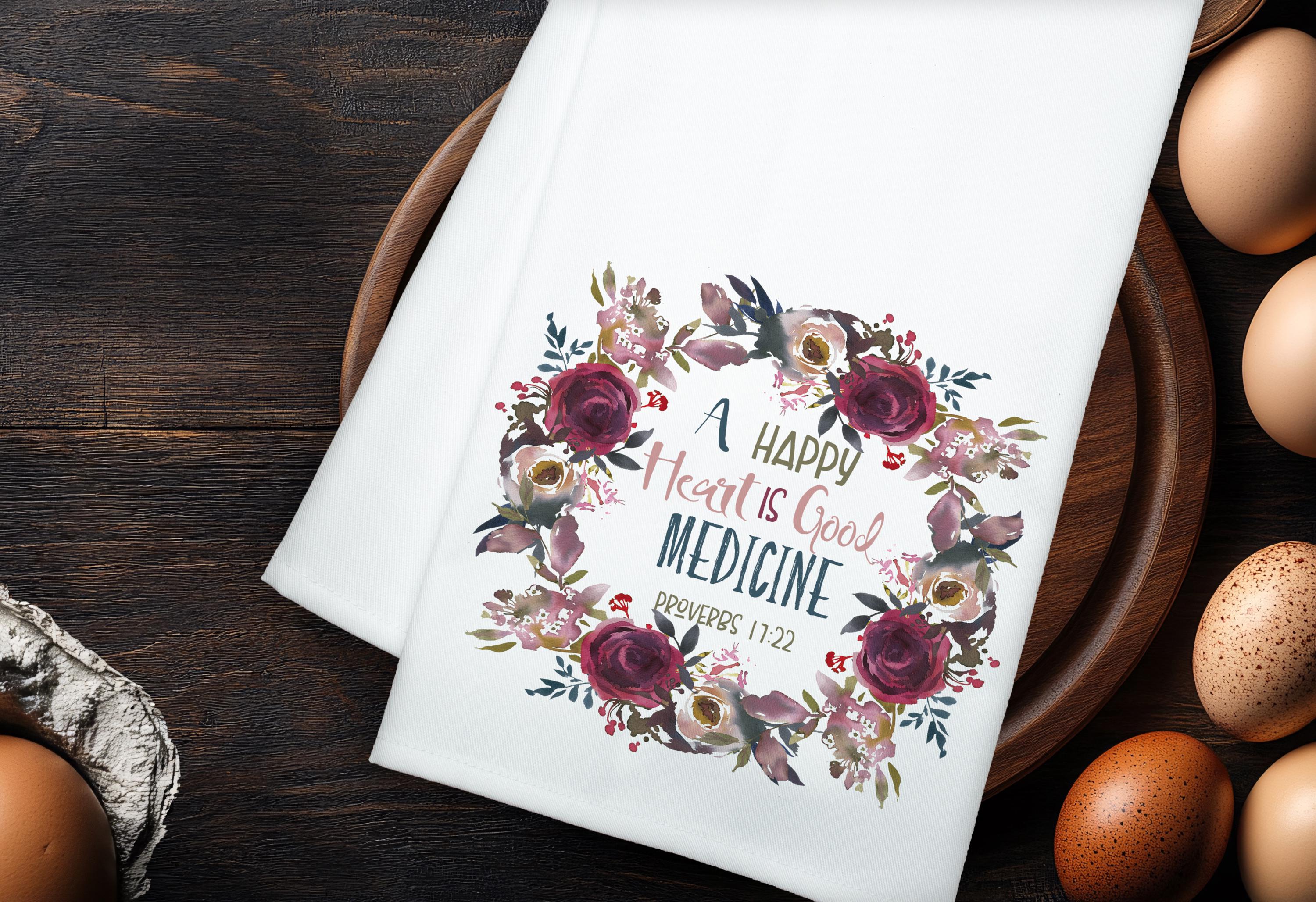 Inspirational Bible Verse Tea Towel, A Happy Heart is Good Medicine Kitchen Towel, Faith Tea Towels for Christians, Hand Towel, Gift for her