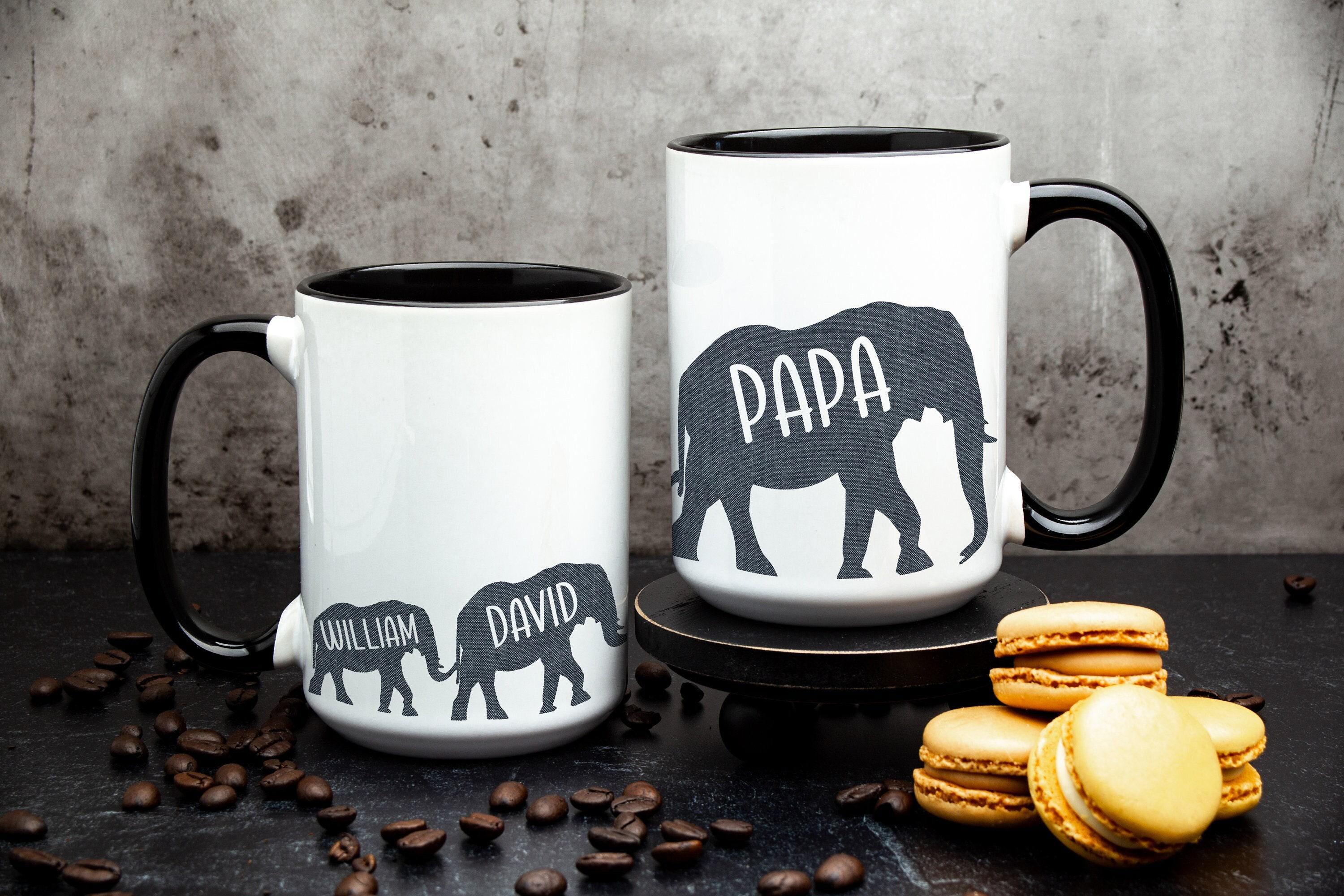 Personalized Papa Mug with Kids, Giftbox included, Custom Father's Day Gift with elephant design, Ceramic Coffee Cup, Size and color options